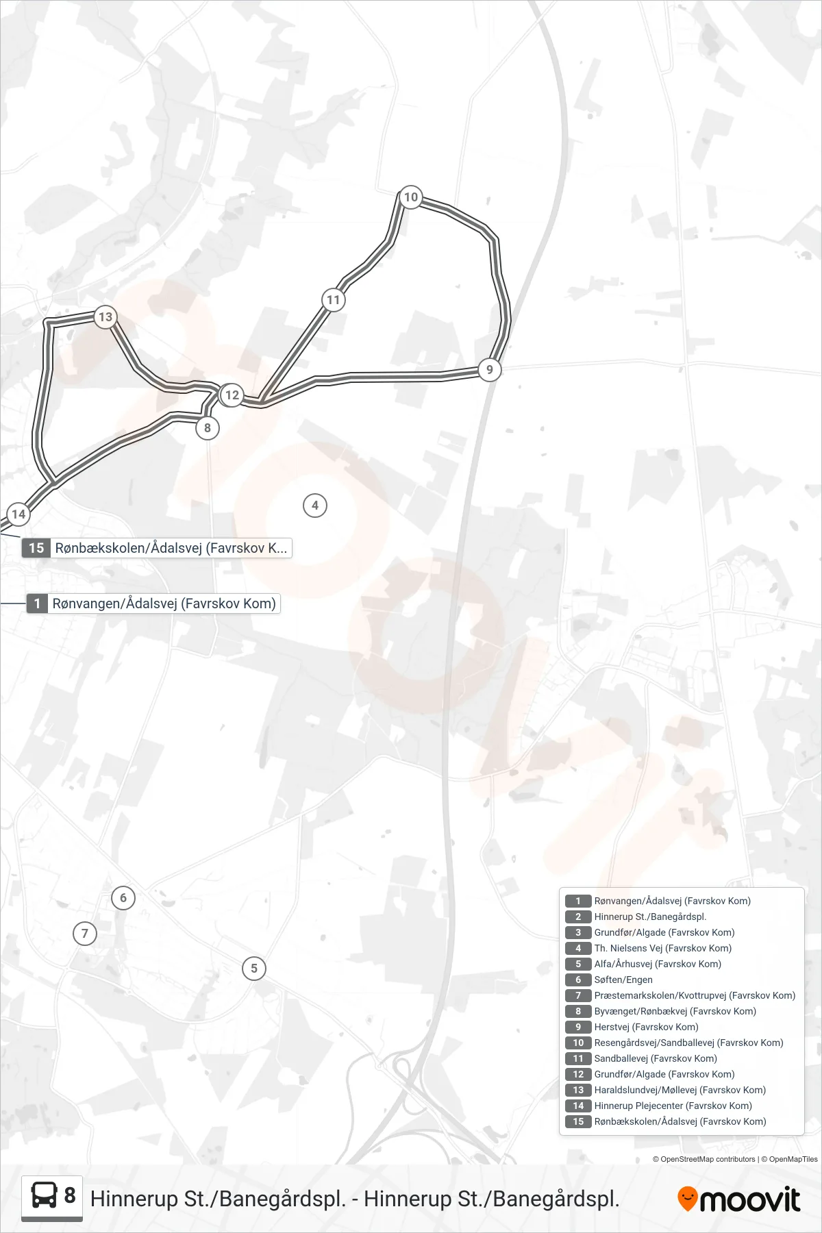 8 bus Linje (Hinnerup St./Banegårdspl.) rute og stop på et kort