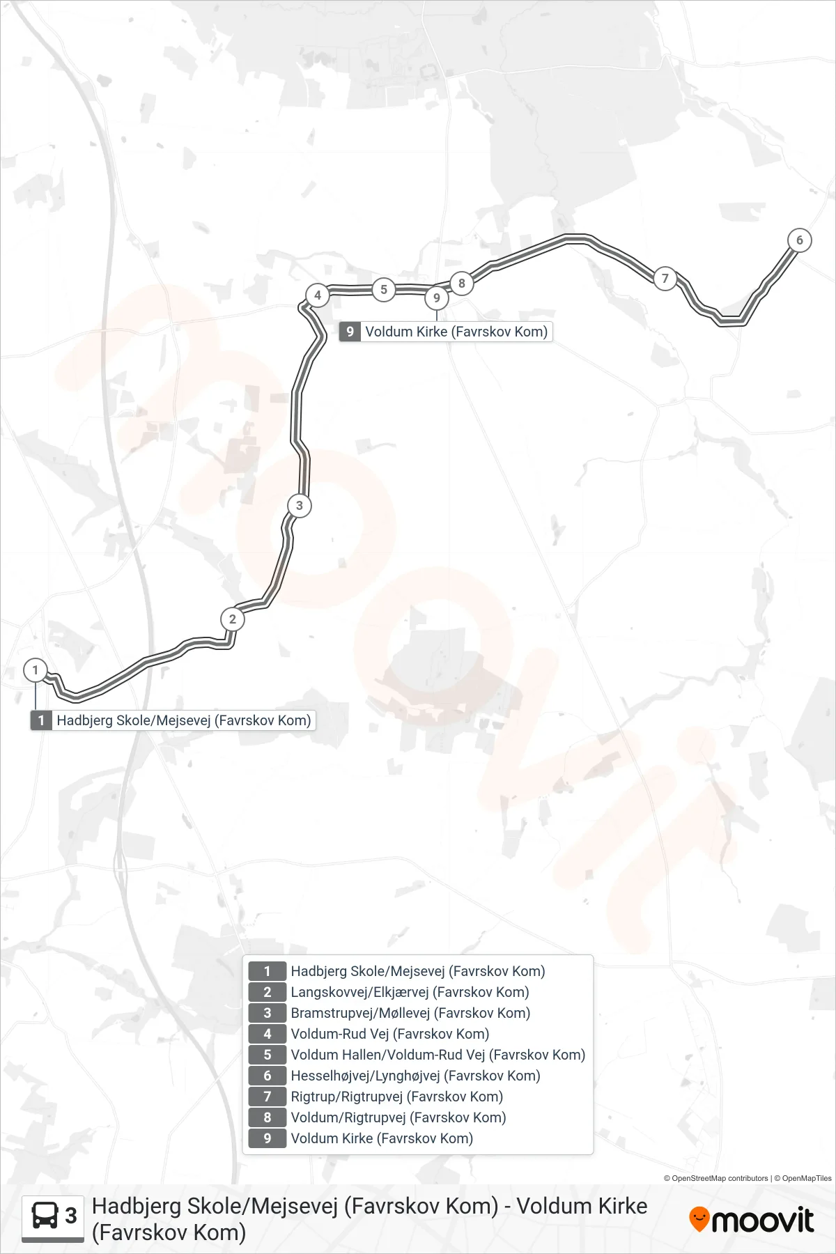 3 bus Linje (Voldum Kirke (Favrskov Kom)) rute og stop på et kort