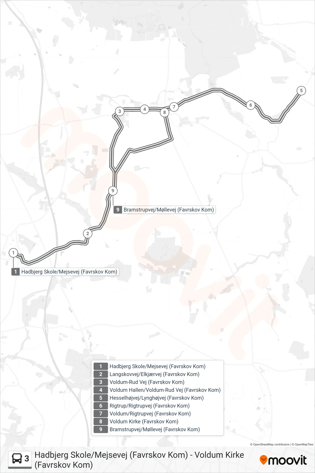 3 bus Linje (Hadbjerg Skole/Mejsevej (Favrskov Kom)) rute og stop på et kort