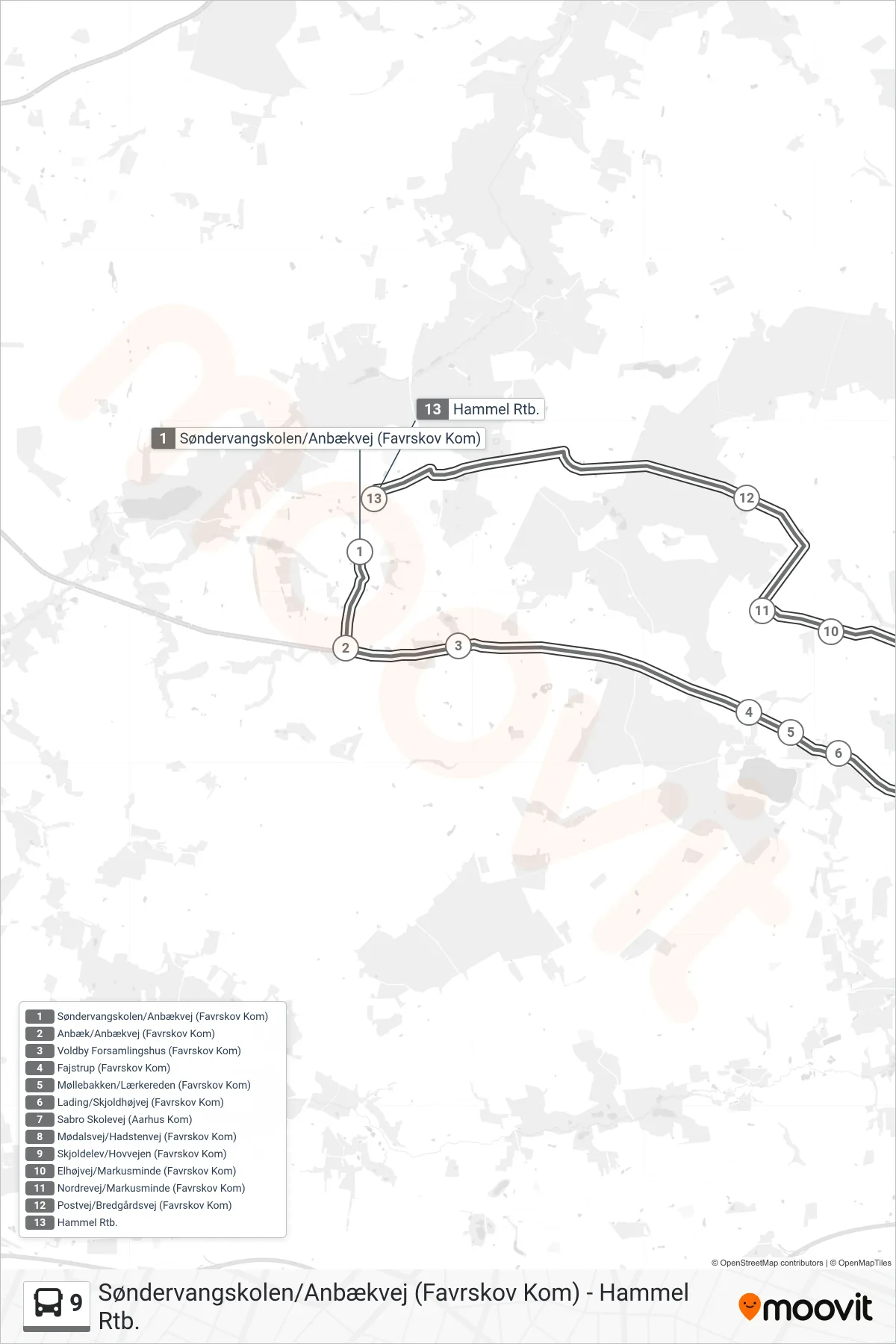 9 bus Linje (Hammel Rtb.) rute og stop på et kort
