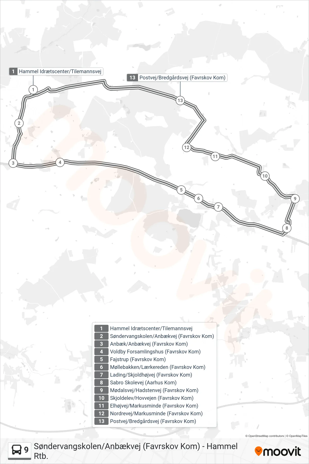 9 bus Line (Søndervangskolen/Anbækvej (Favrskov Kom)) route and stops on a map