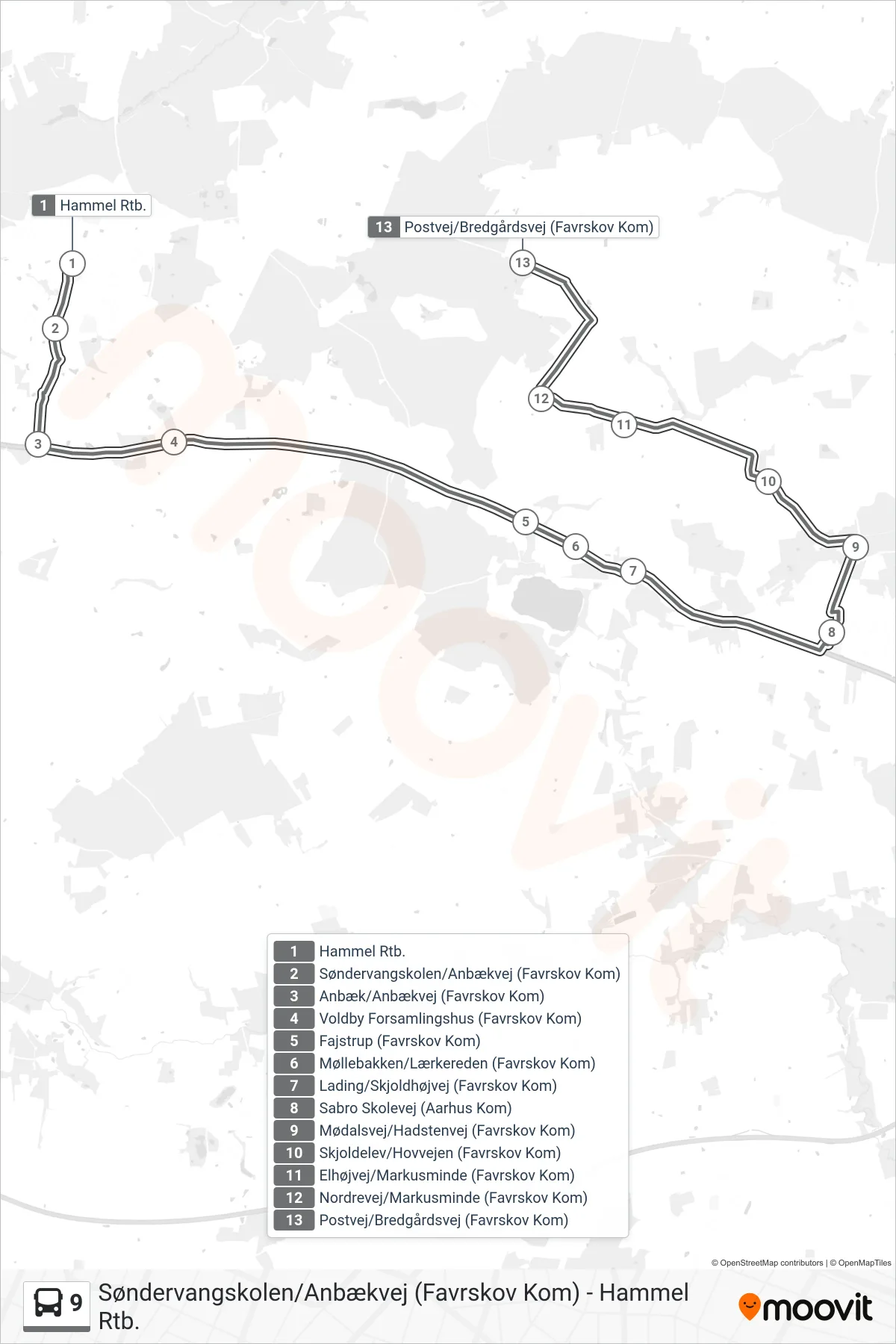 9 bus Linje (Postvej/Bredgårdsvej (Favrskov Kom)) rute og stop på et kort