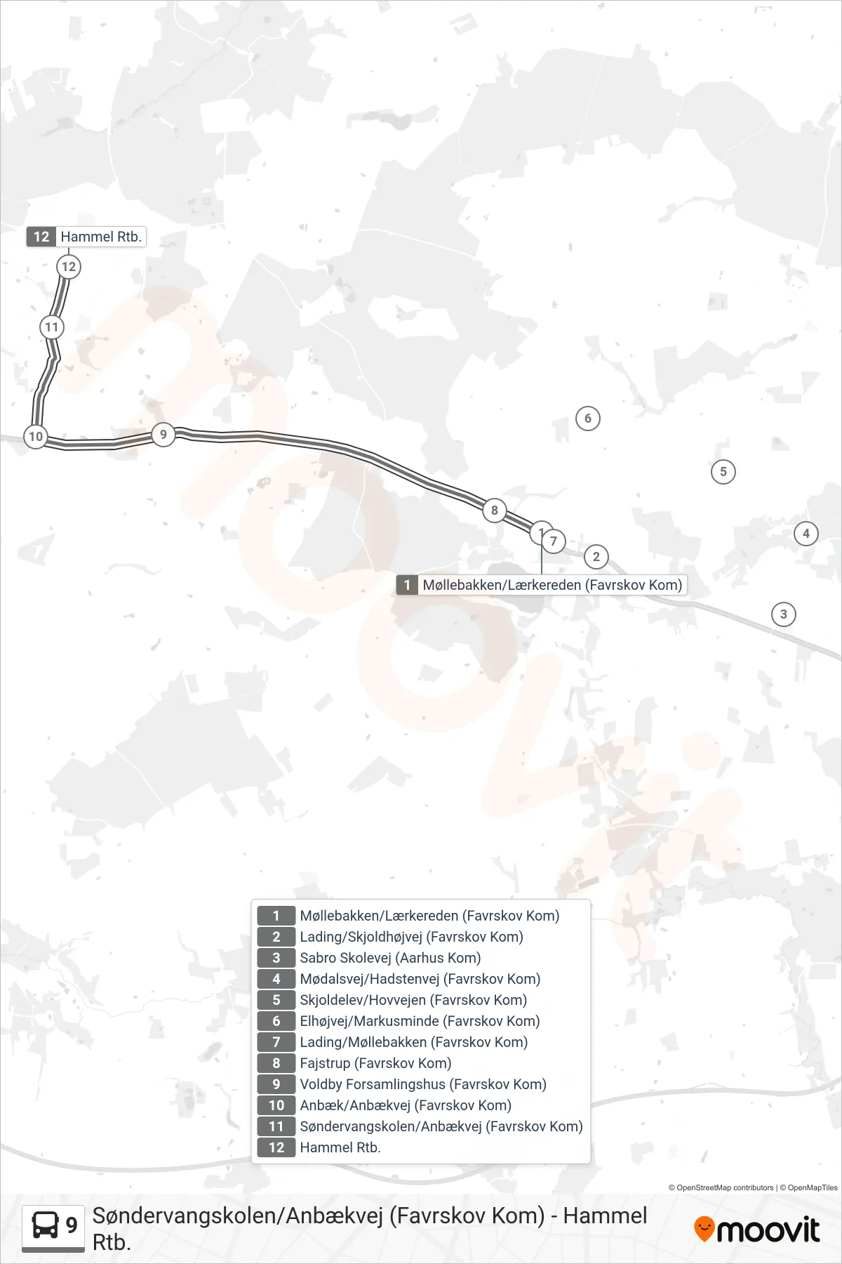 9 bus Linje (Hammel Rtb.) rute og stop på et kort
