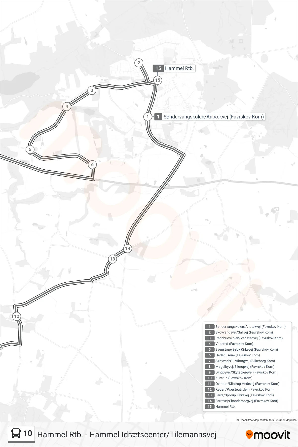 10 bus Linje (Hammel Rtb.) rute og stop på et kort