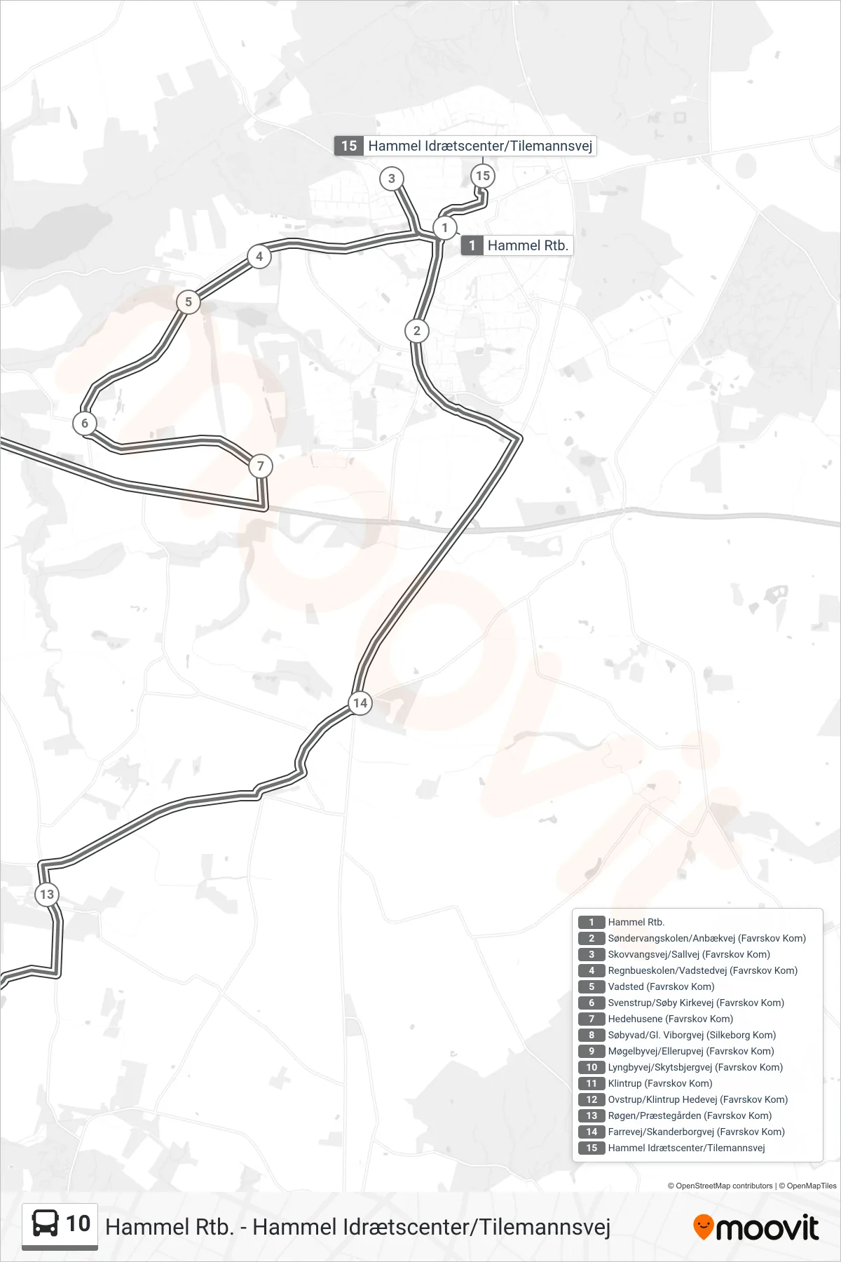 10 bus Linje (Hammel Idrætscenter/Tilemannsvej) rute og stop på et kort