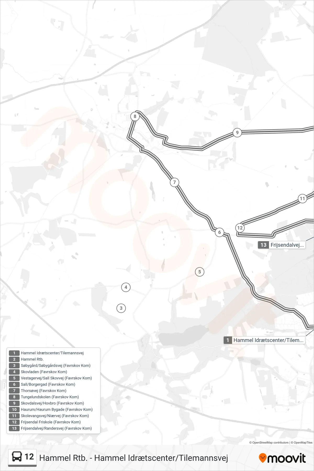 12 bus Linje (Hammel Idrætscenter/Tilemannsvej) rute og stop på et kort