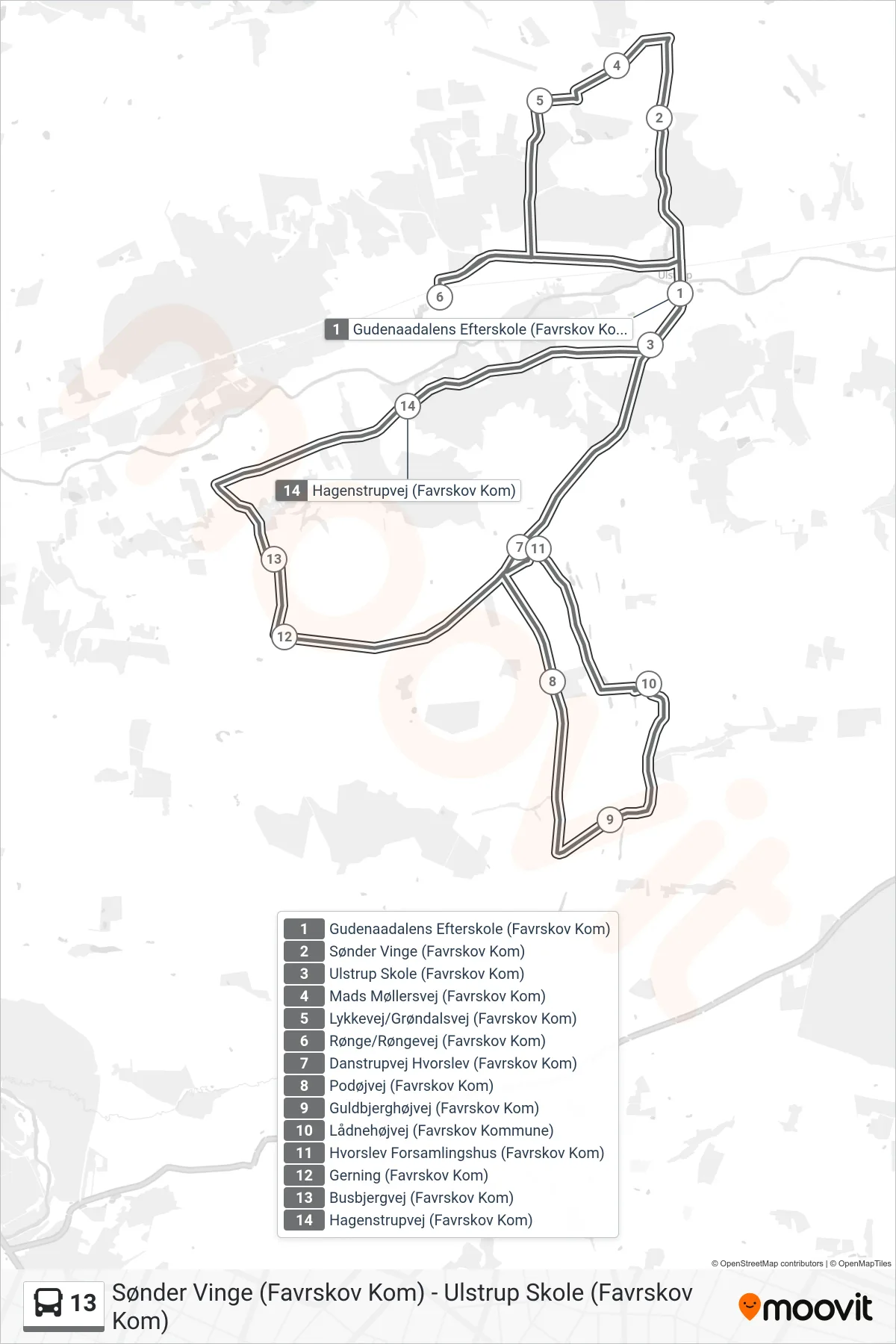 13 bus Linje (Ulstrup Skole (Favrskov Kom)) rute og stop på et kort