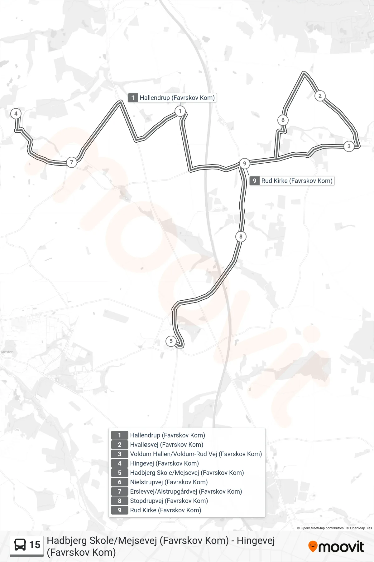 15 bus Linje (Hadbjerg Skole/Mejsevej (Favrskov Kom)) rute og stop på et kort