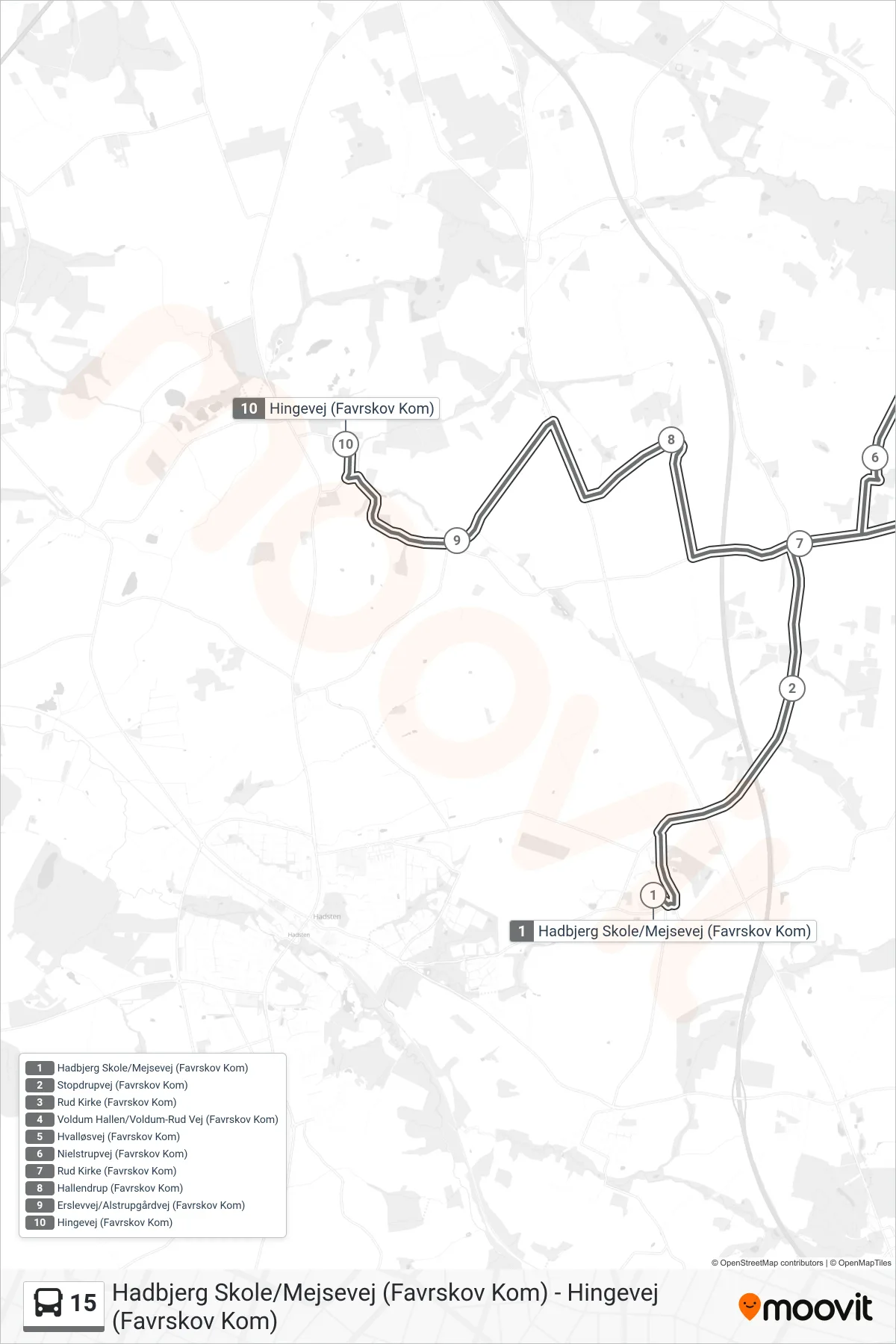 15 bus Linje (Hingevej (Favrskov Kom)) rute og stop på et kort