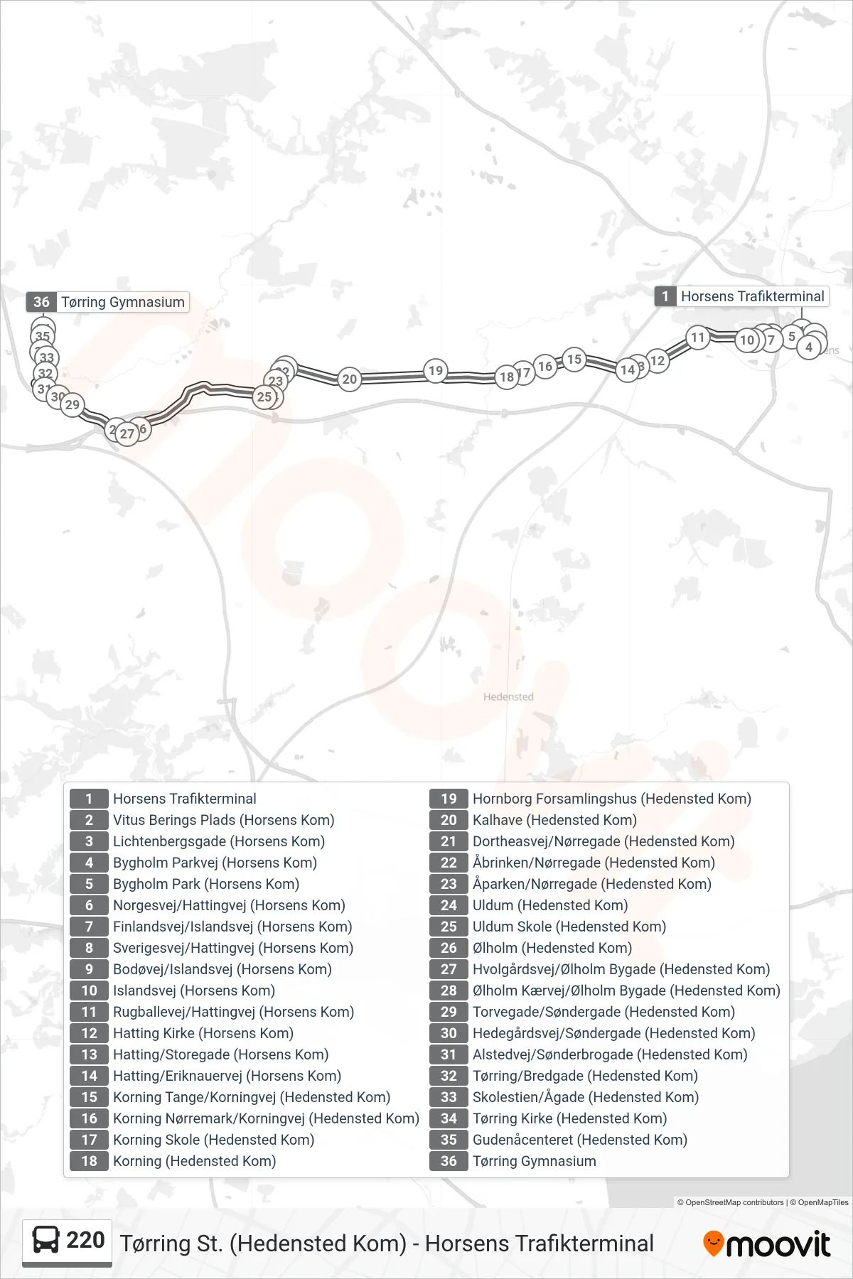 220 bus Linje (Tørring Gymnasium) rute og stop på et kort