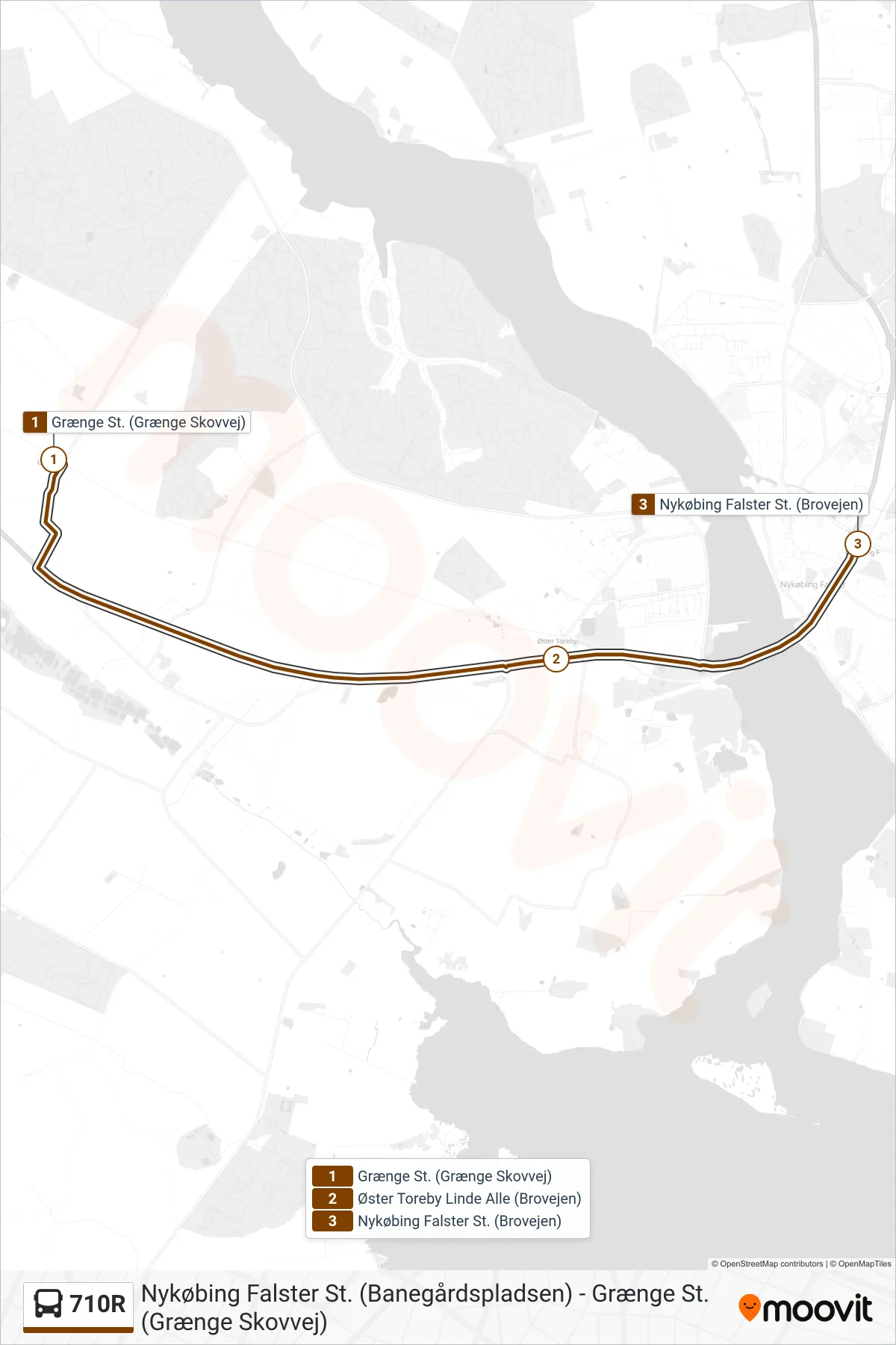 710R bus Linje (Nykøbing F St.) rute og stop på et kort