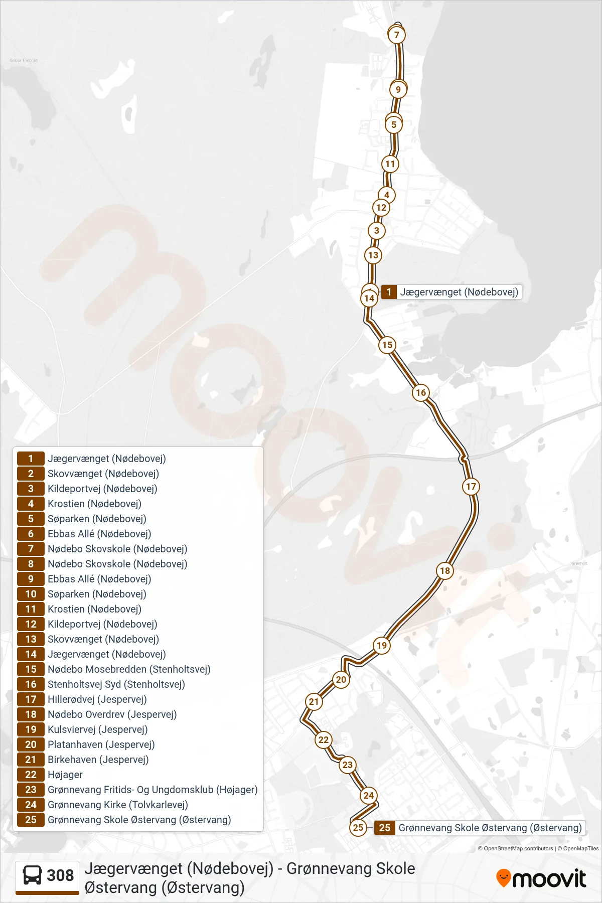 308 bus Linje (Grønnevang Skole Østervang) rute og stop på et kort