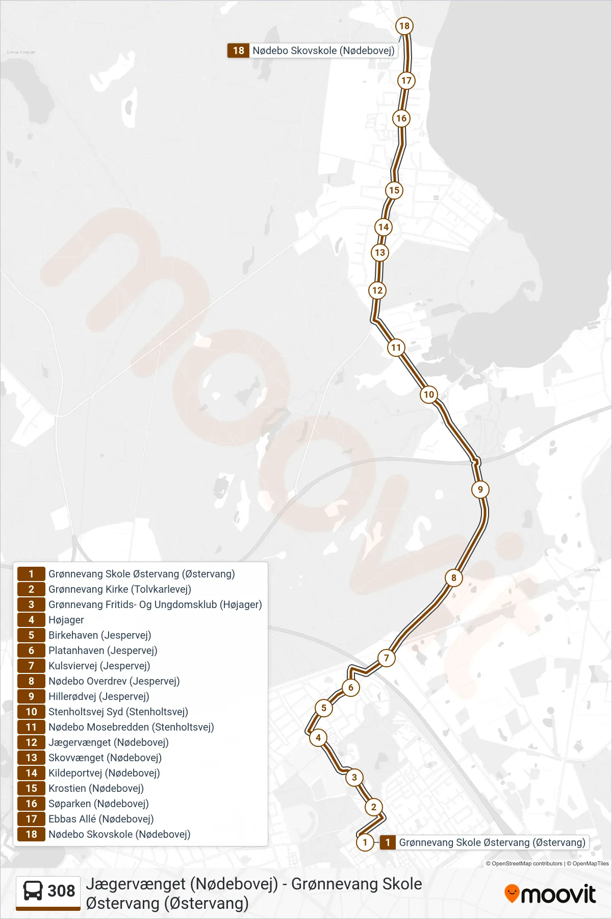 308 bus Linje (Nødebo Skovskolen) rute og stop på et kort