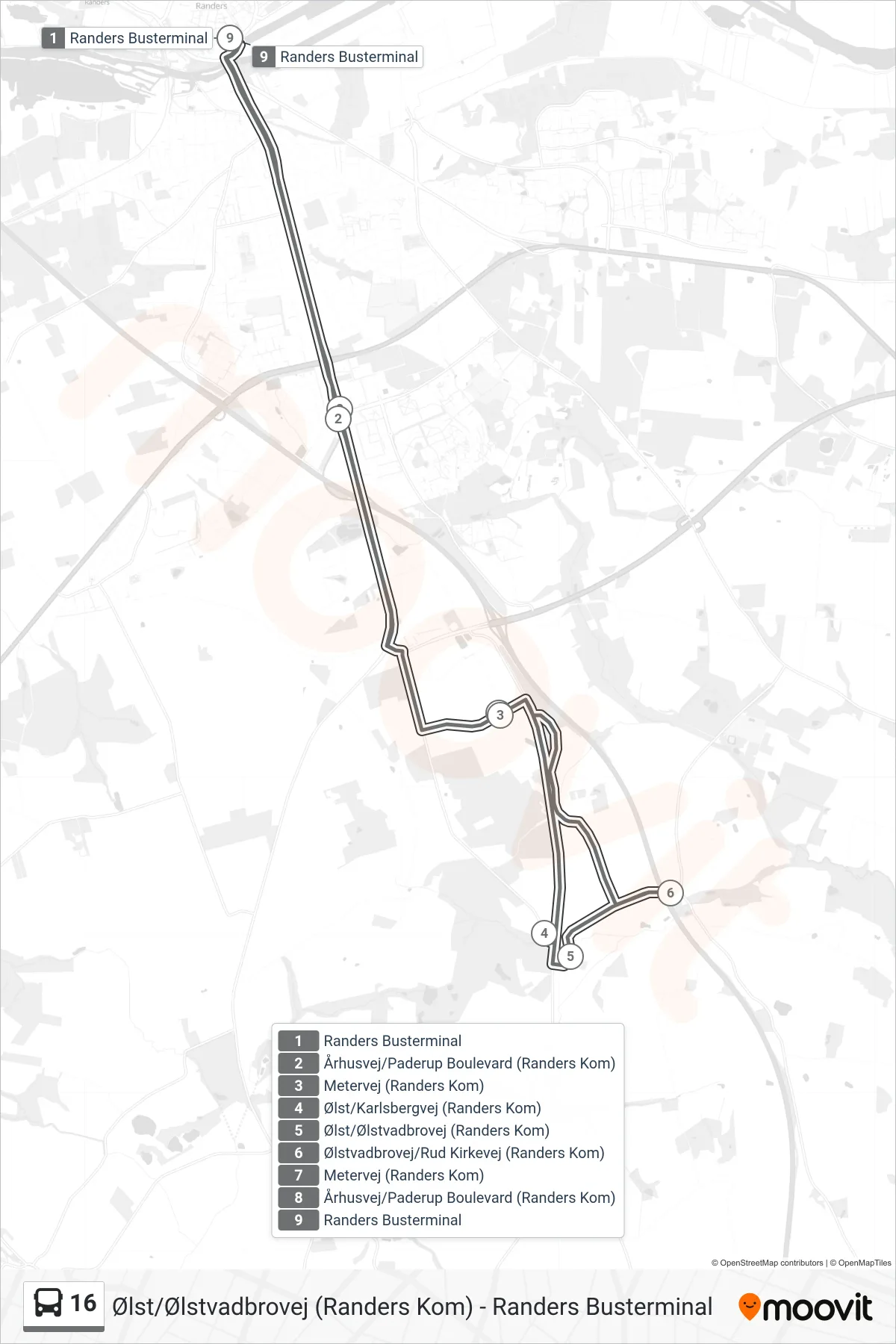 16 bus Linje (Randers Busterminal) rute og stop på et kort