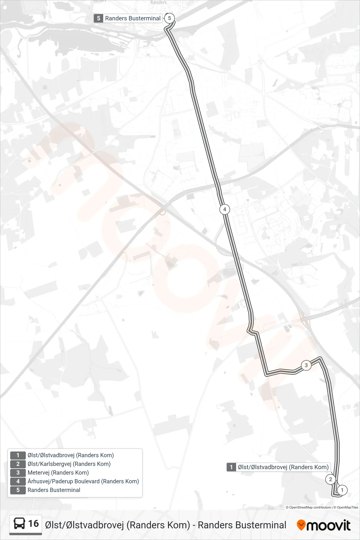 16 bus Linje (Randers Busterminal) rute og stop på et kort