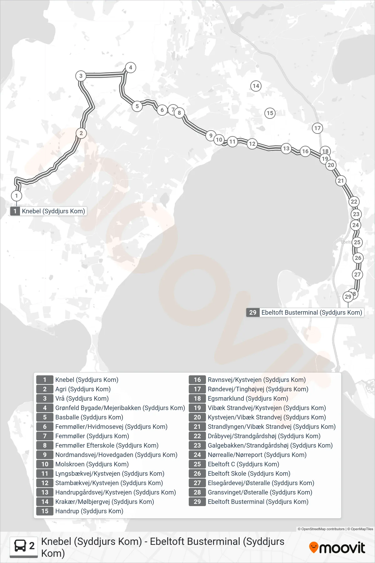 2 bus Linje (Ebeltoft Busterminal) rute og stop på et kort