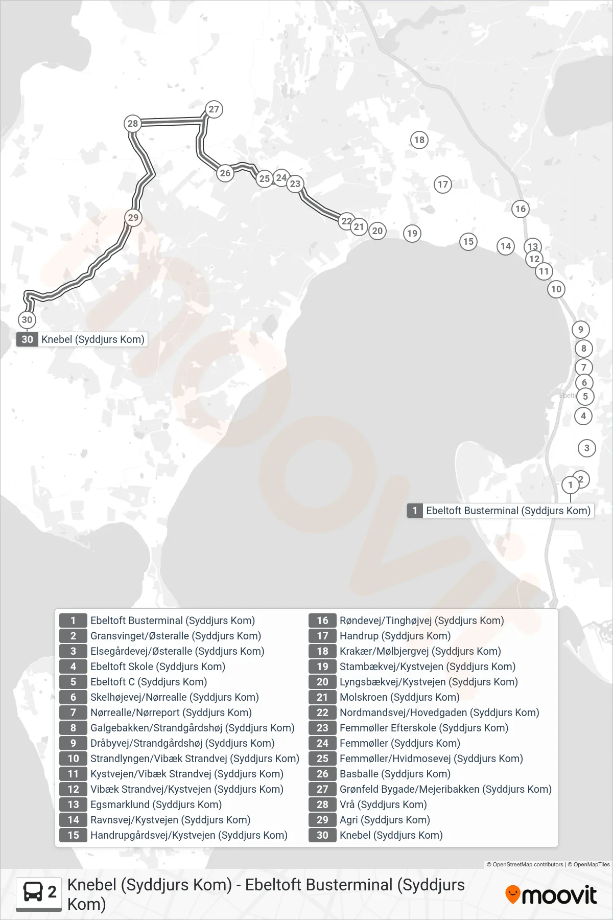 2 bus Linje (Knebel) rute og stop på et kort