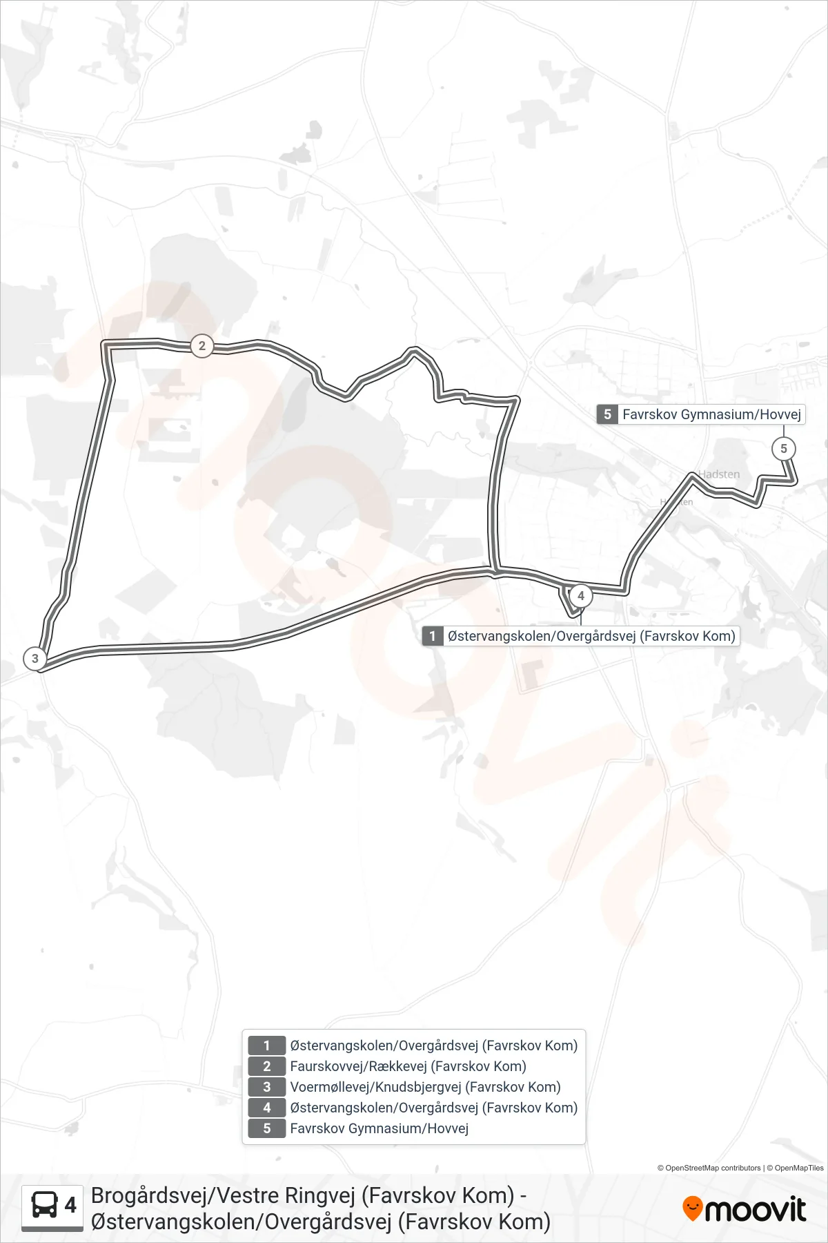 4 bus Linje (Favrskov Gymnasium/Hovvej) rute og stop på et kort