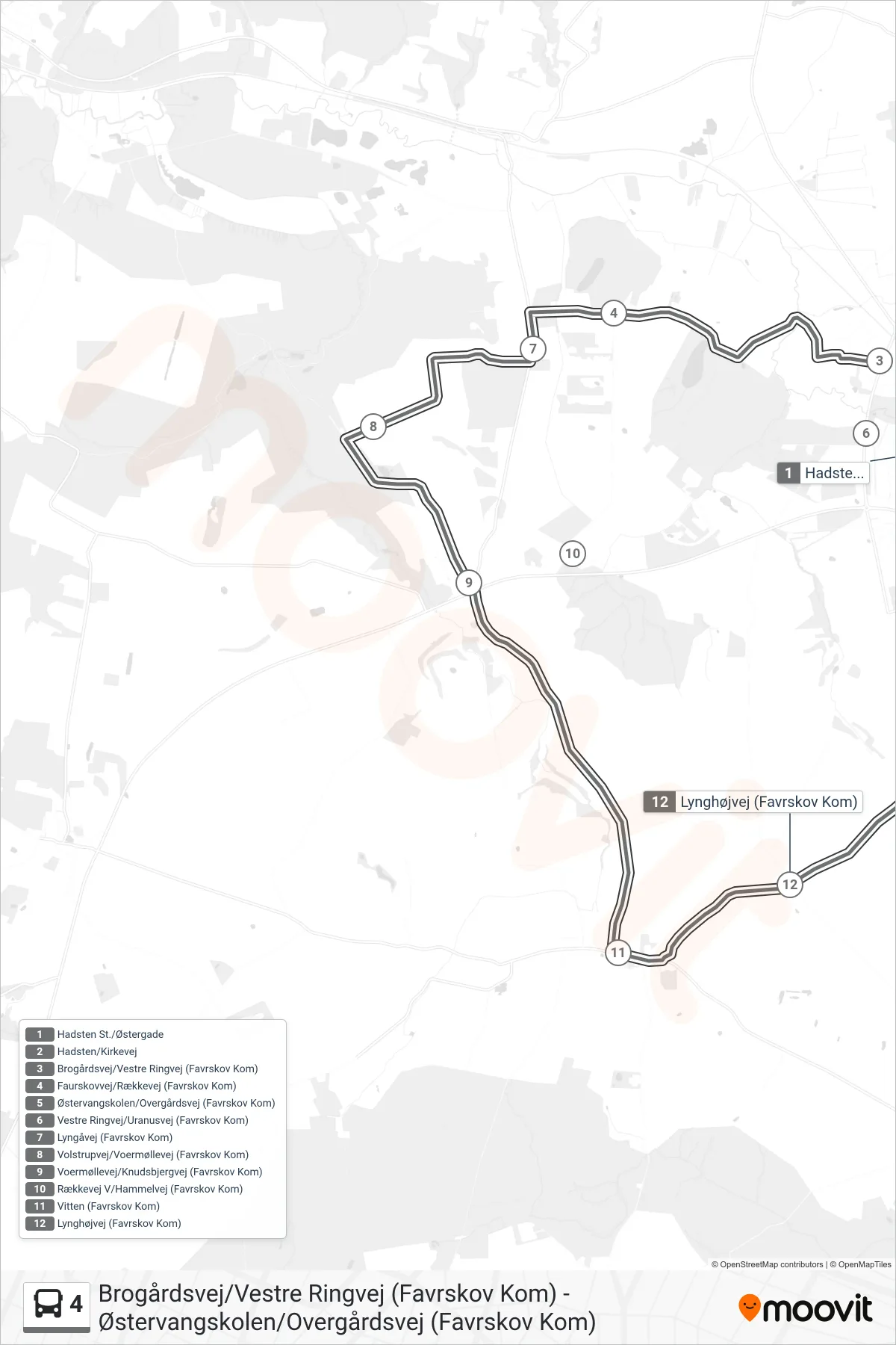 4 bus Linje (Østervangskolen/Overgårdsvej (Favrskov Kom)) rute og stop på et kort