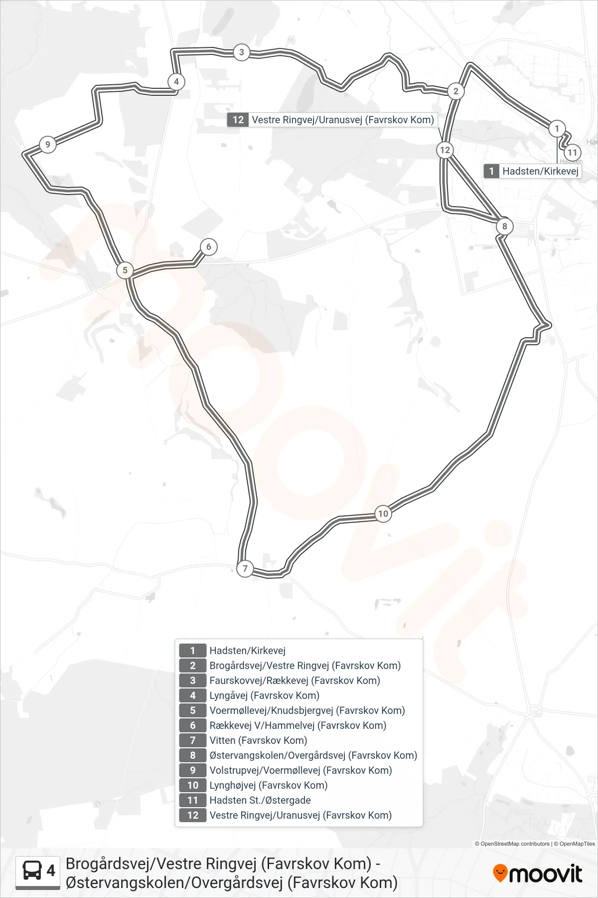 4 bus Linje (Hadsten St./Østergade) rute og stop på et kort