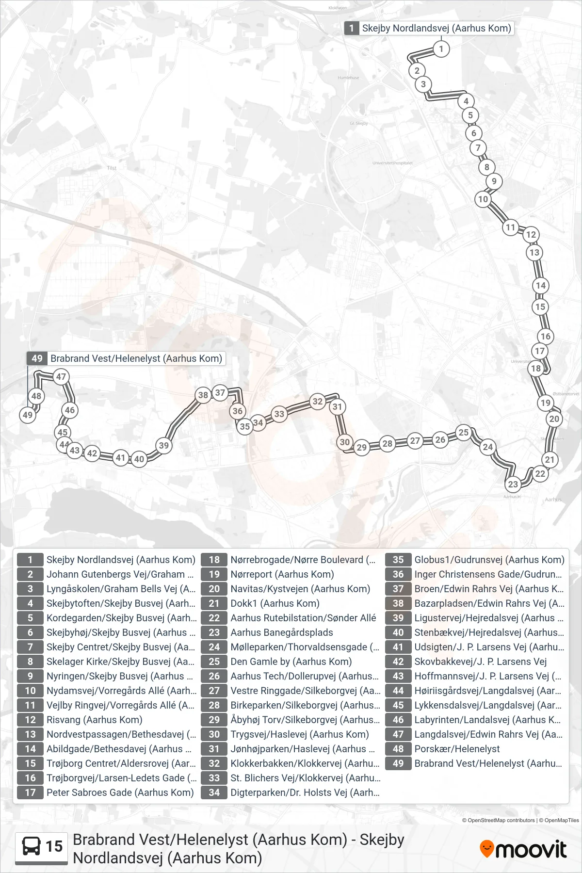 15 bus Linje (Brabrand Vest) rute og stop på et kort