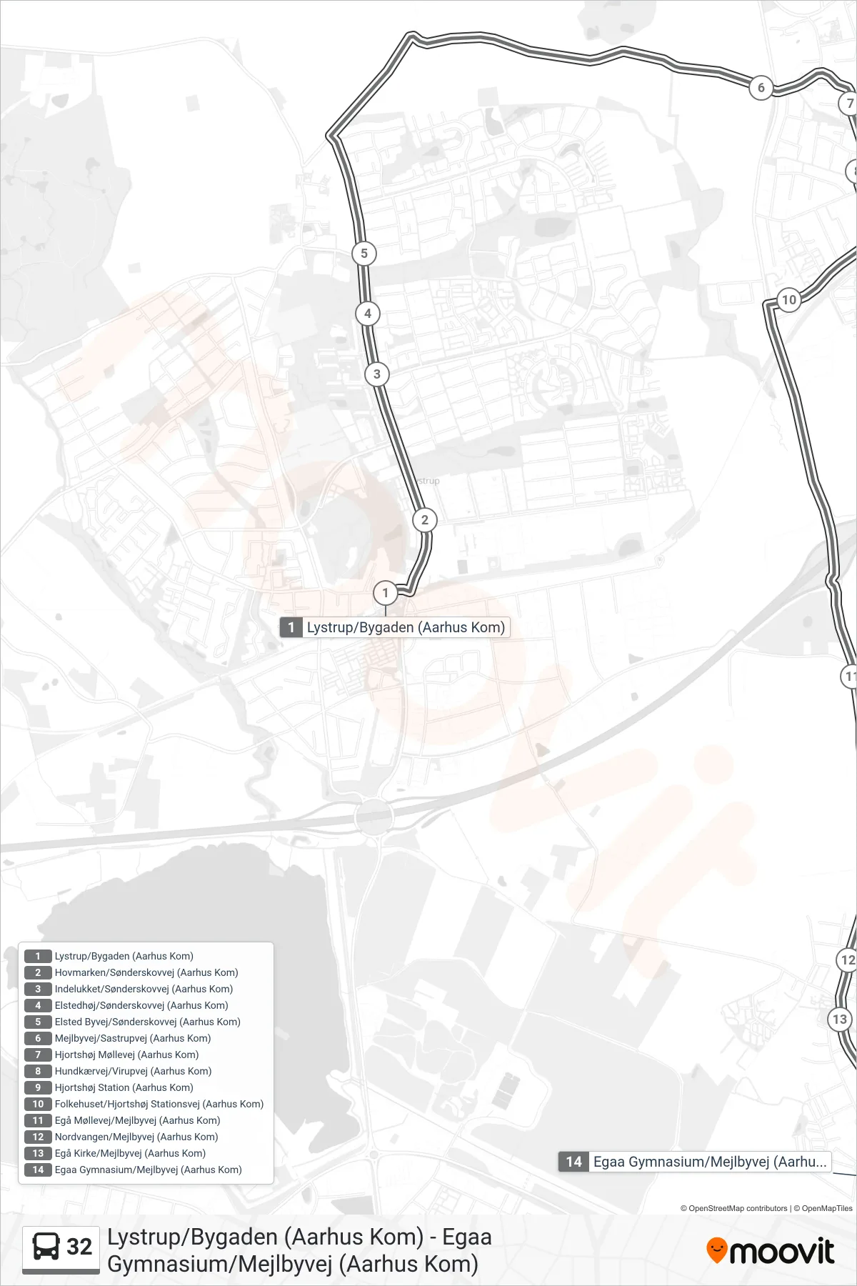 32 bus Linje (Egaa Gymnasium) rute og stop på et kort