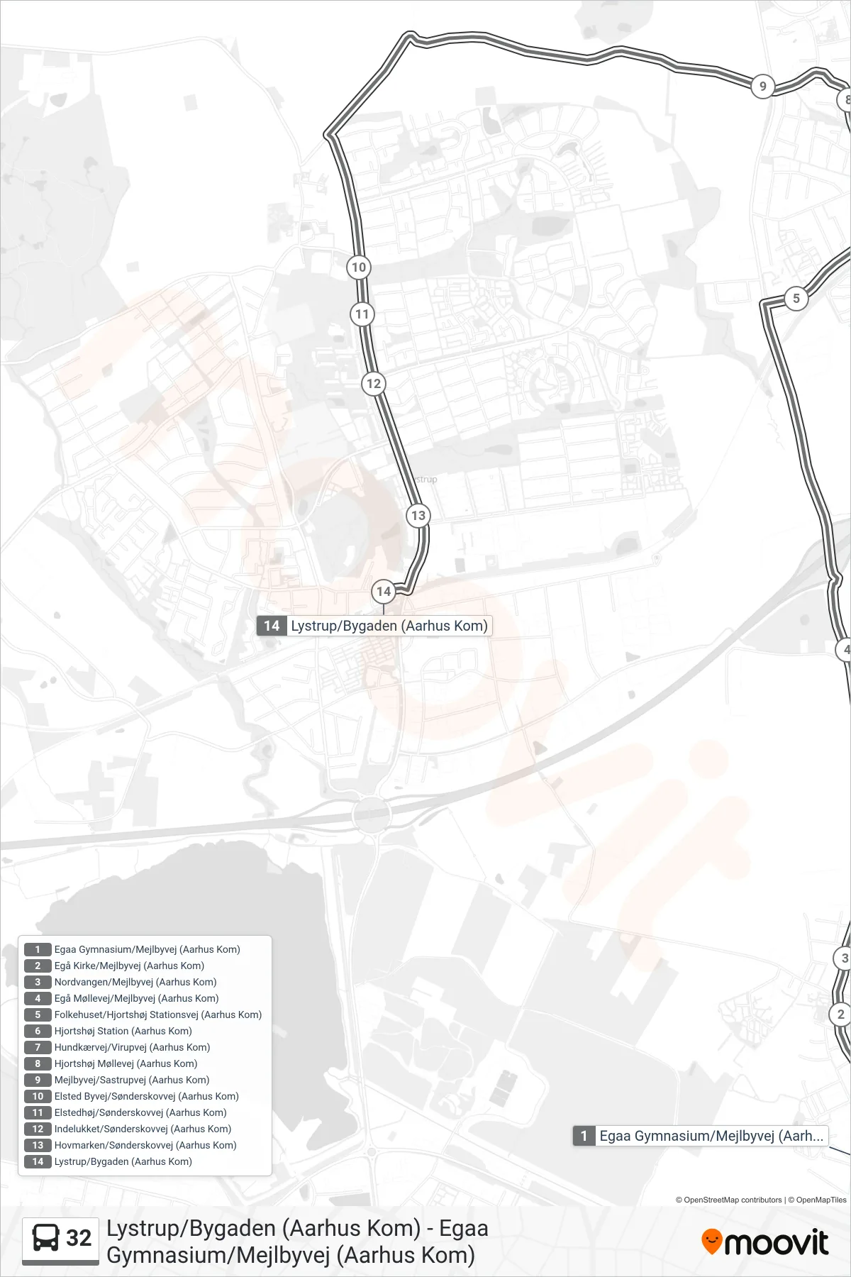32 bus Linje (Lystrup) rute og stop på et kort