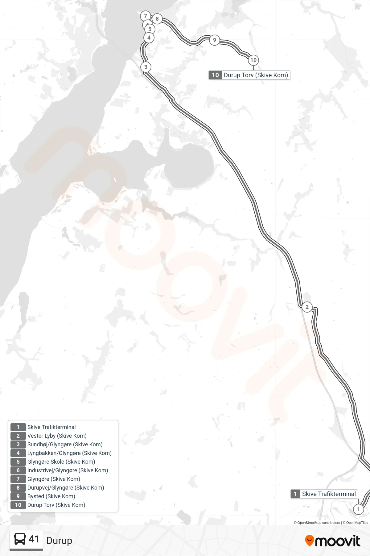 41 bus Linje (Durup) rute og stop på et kort