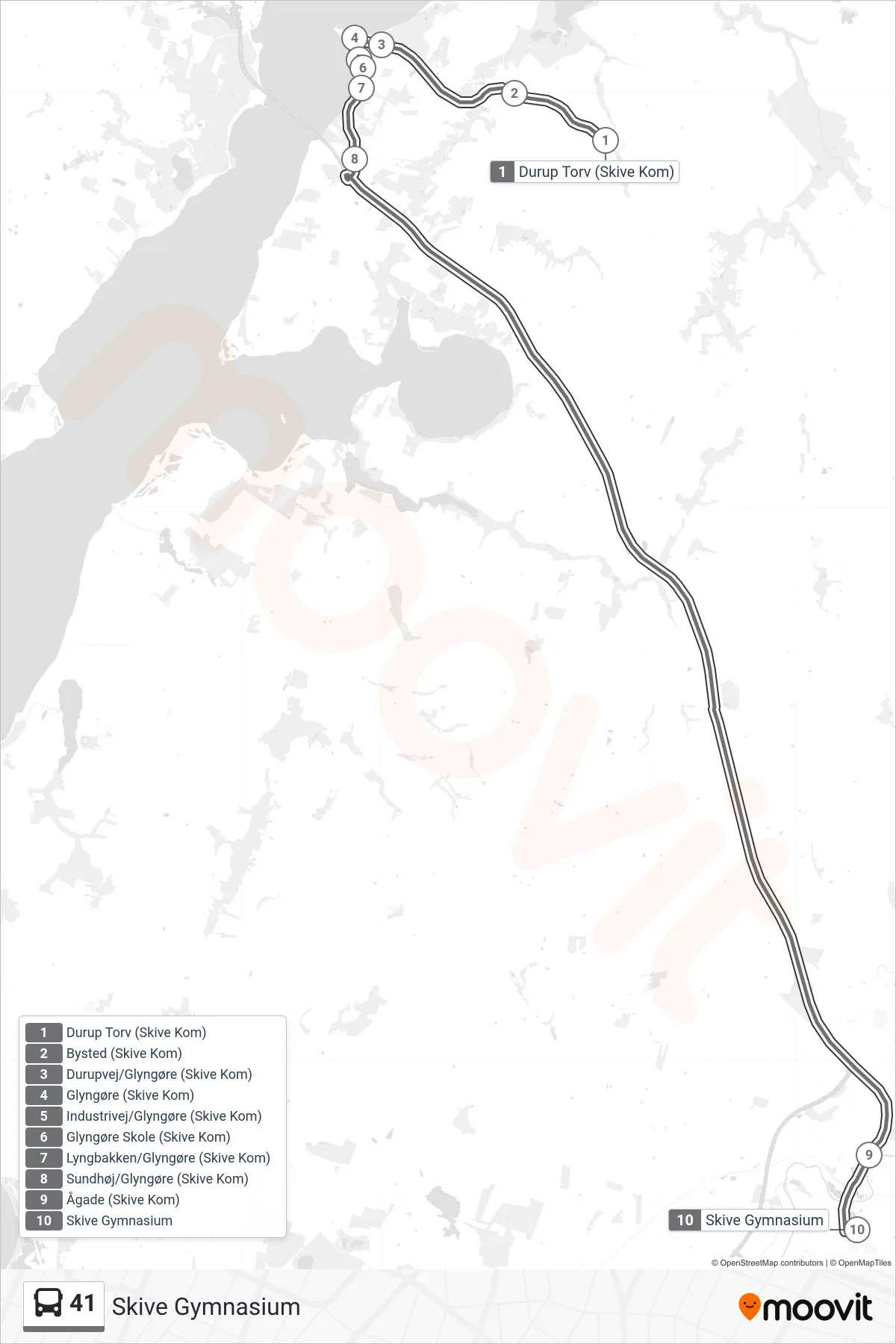 41 bus Linje (Skive Gymnasium) rute og stop på et kort