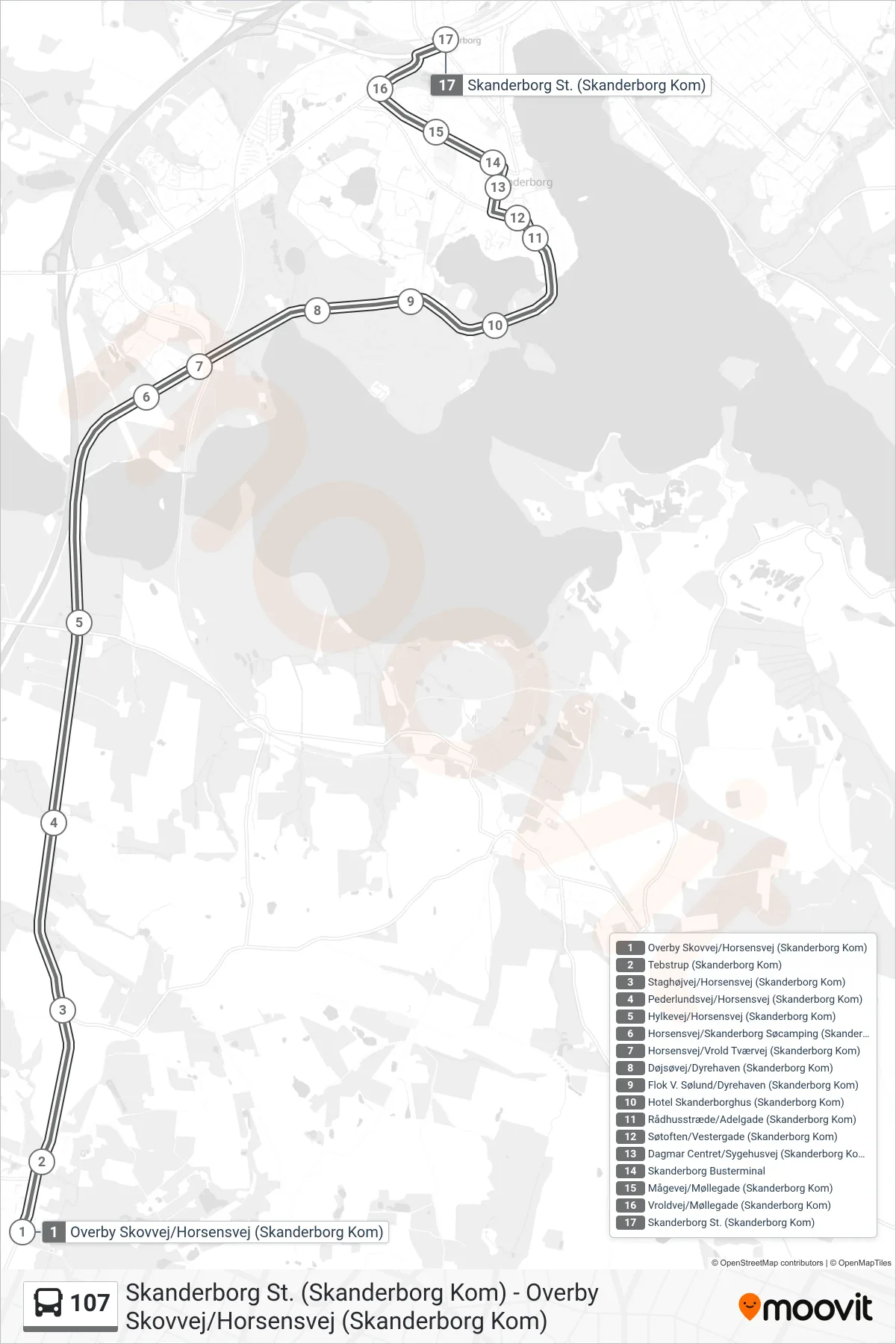 107 bus Linje (Skanderborg St.) rute og stop på et kort