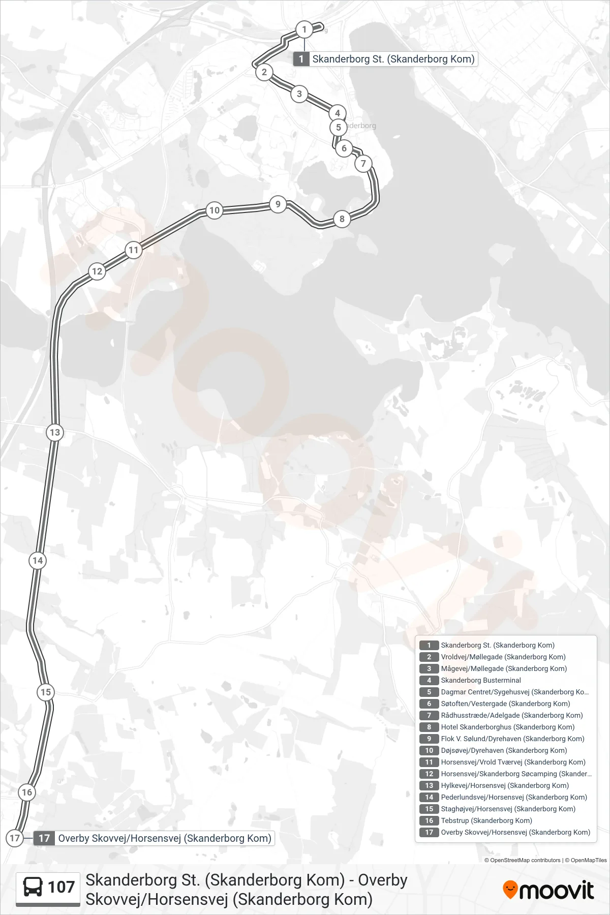 107 bus Linje (Tebstrup) rute og stop på et kort