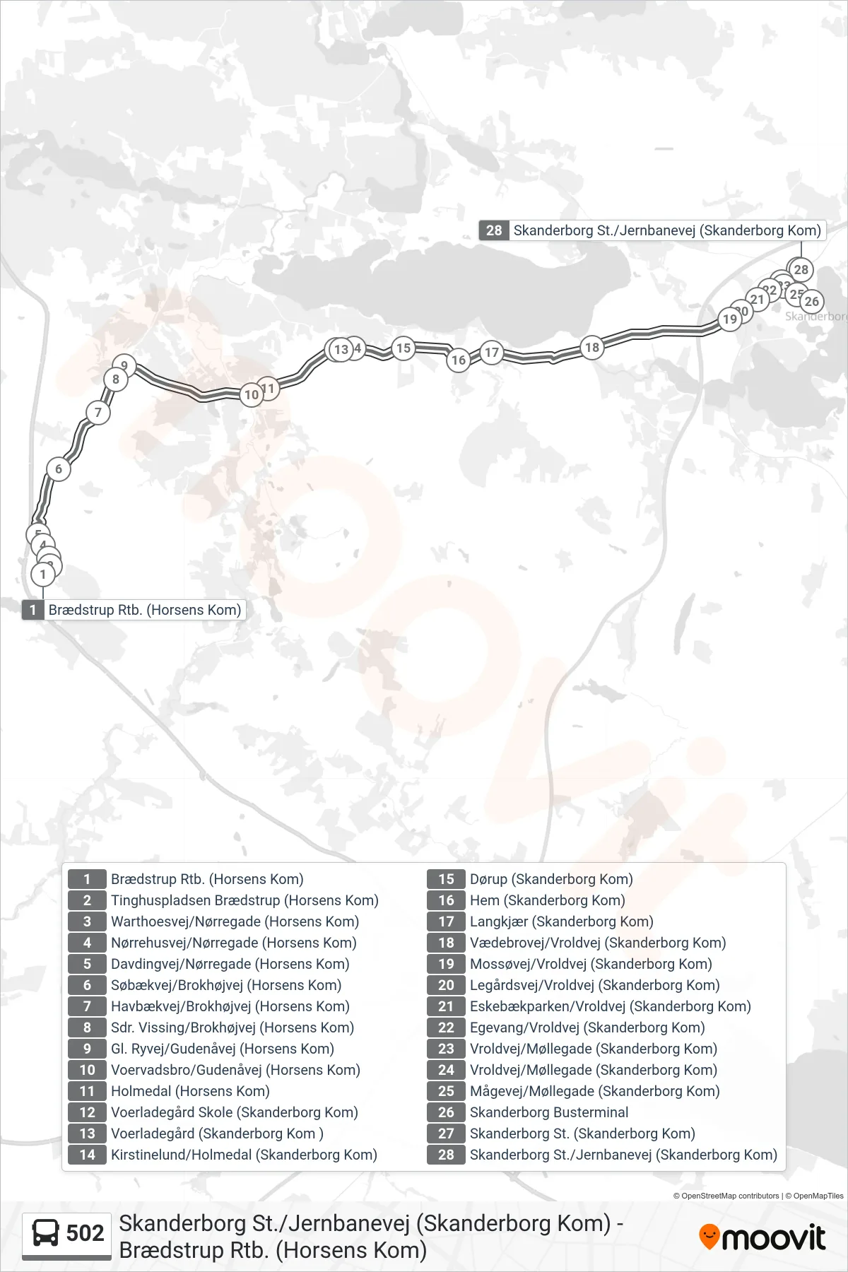 502 bus Linje (Skanderborg St.) rute og stop på et kort