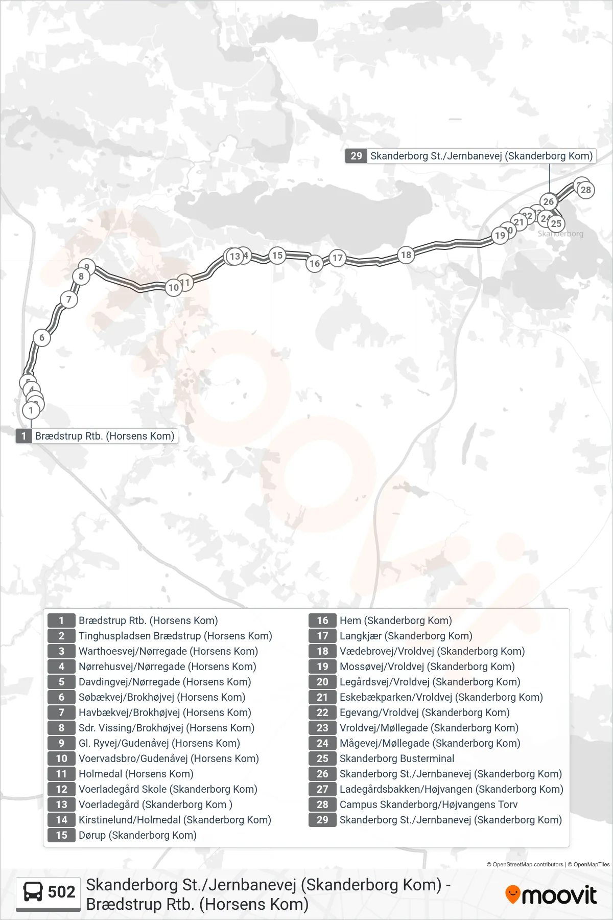 502 bus Linje (Skanderborg St./Jernbanevej (Skanderborg Kom)) rute og stop på et kort