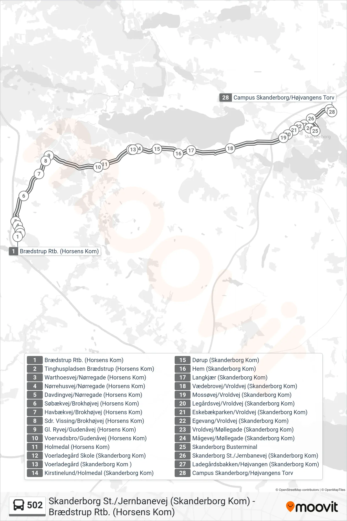 502 bus Line (Campus Skanderborg) route and stops on a map