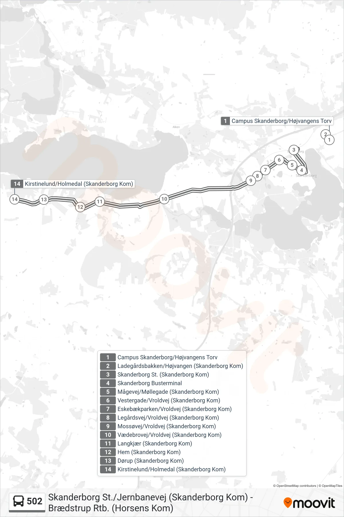 502 bus Linje (Holmedal) rute og stop på et kort