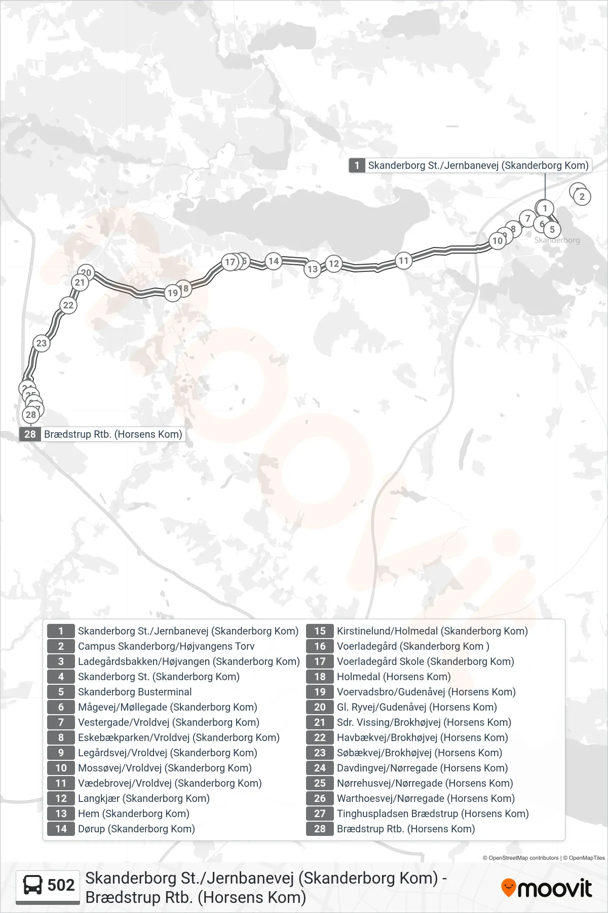 502 bus Linje (Brædstrup Rtb.) rute og stop på et kort