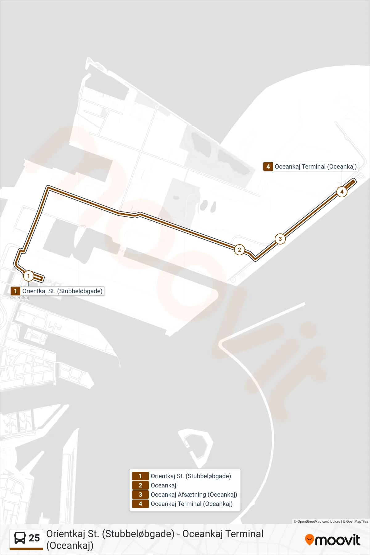 25 bus Linje (Oceankaj) rute og stop på et kort