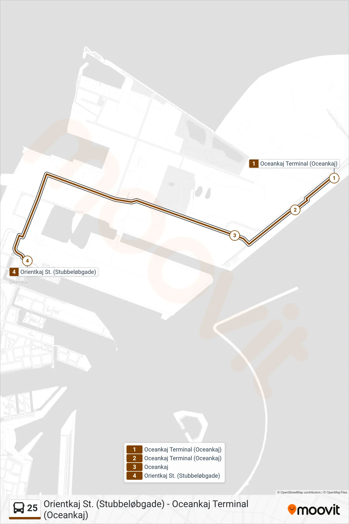 25 bus Linje (Orientkaj St.) rute og stop på et kort