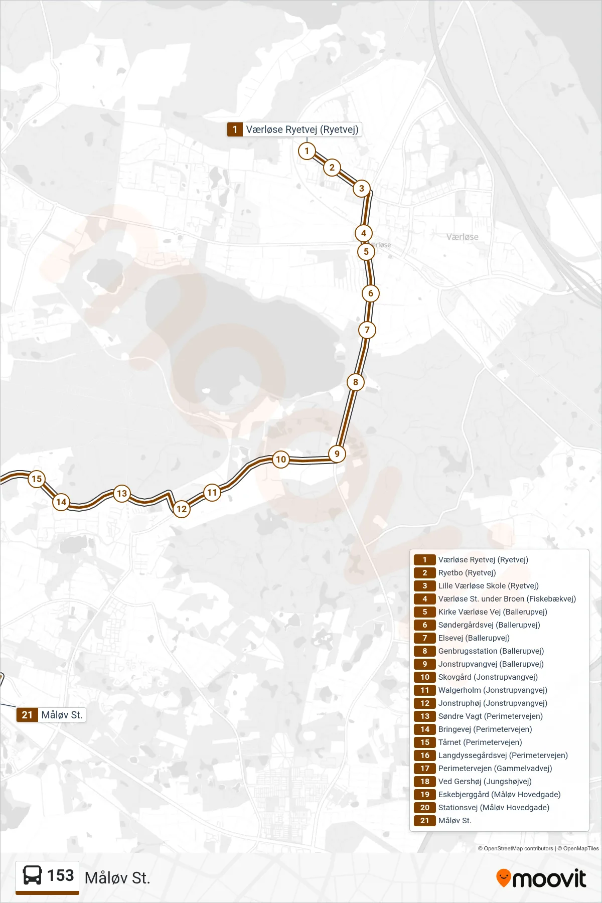 153 bus Linje (Måløv St.) rute og stop på et kort