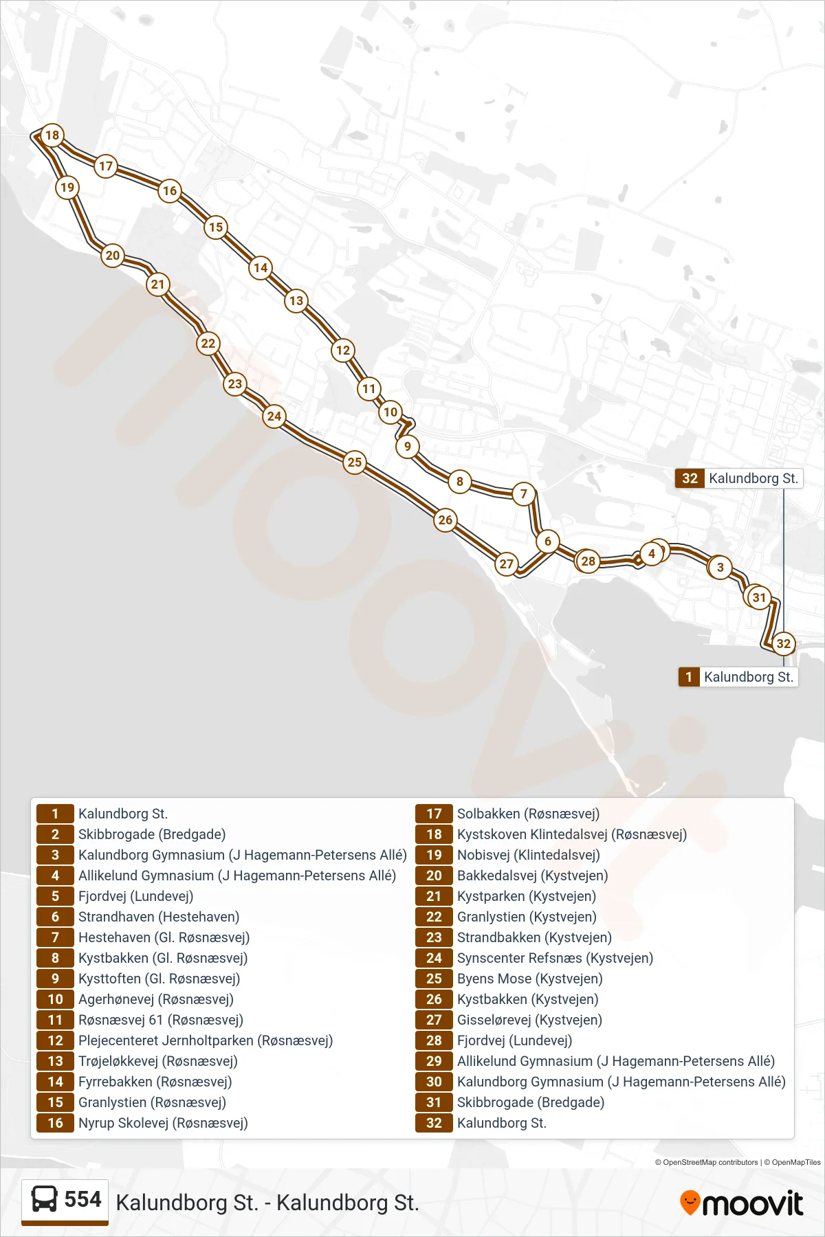 554 bus Linje (Kalundborg St.) rute og stop på et kort