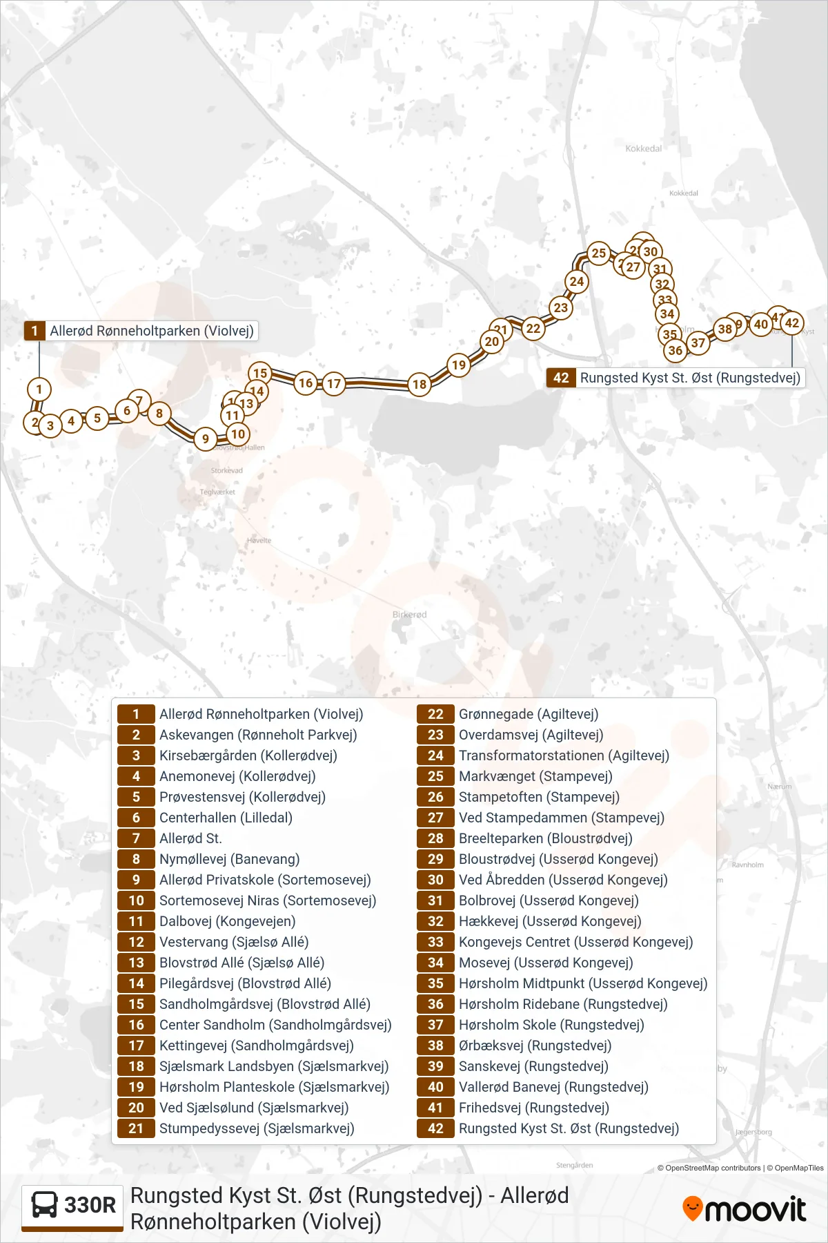 330R bus Linje (Rungsted Kyst St. Øst (Rungstedvej)) rute og stop på et kort