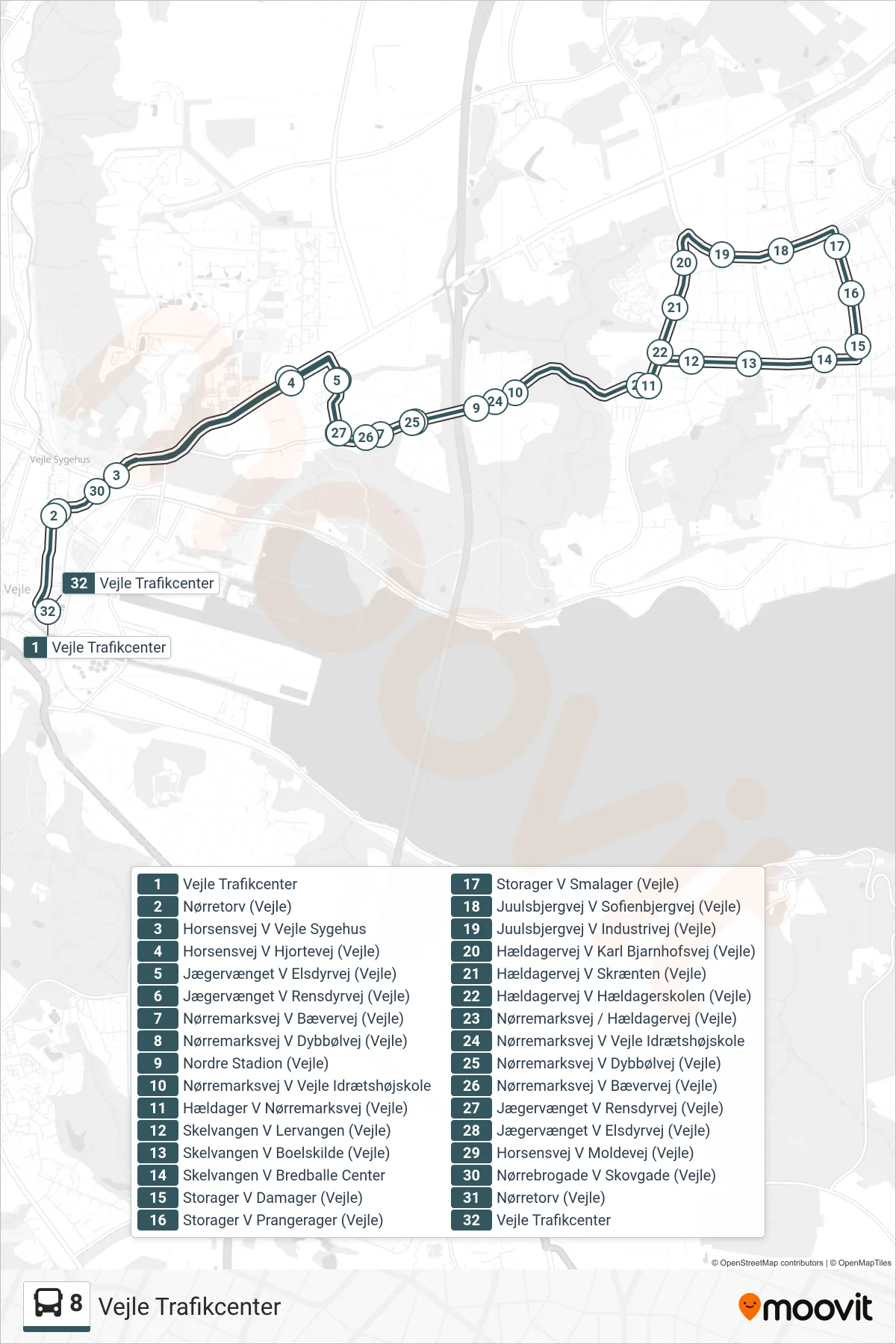 8 bus Linje (Vejle Trafikcenter) rute og stop på et kort
