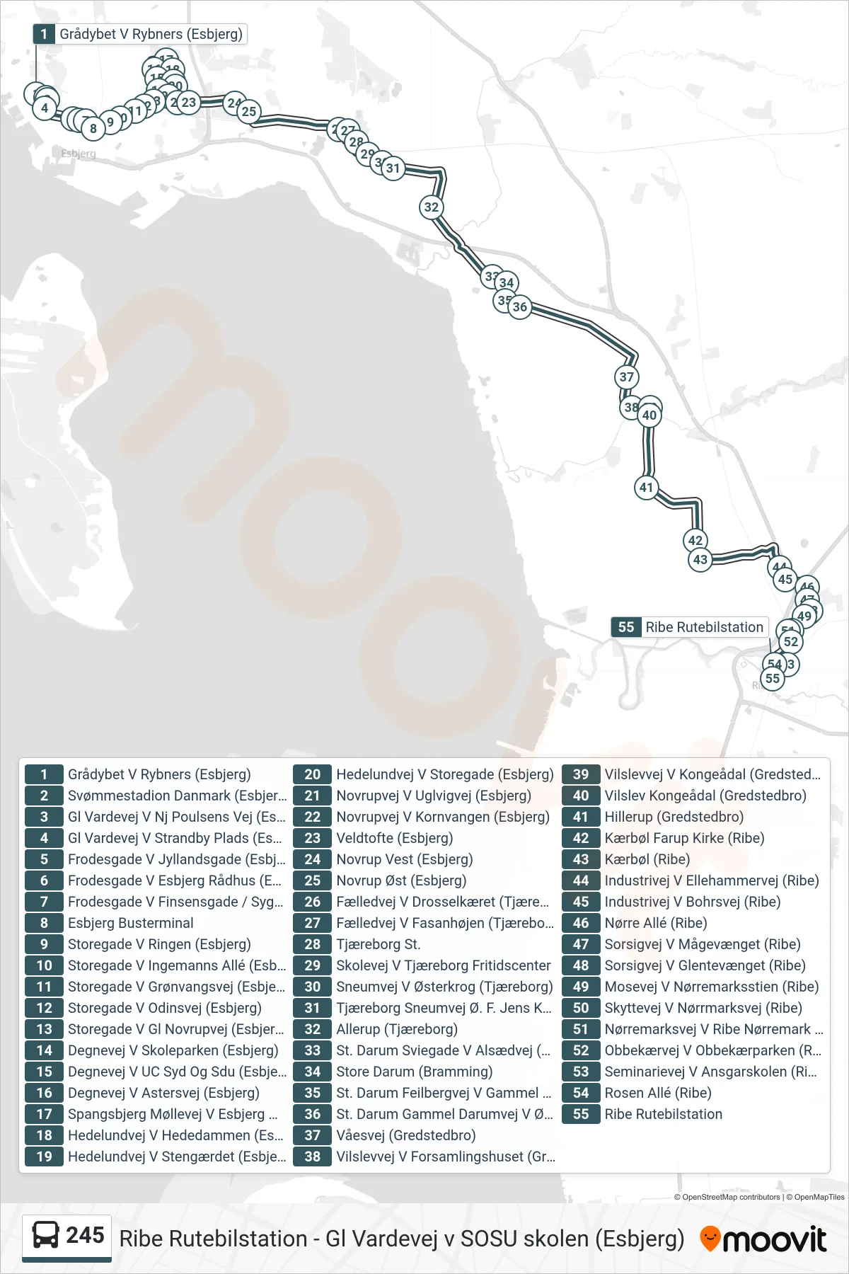 245 bus Linje (Ribe Rutebilstation) rute og stop på et kort