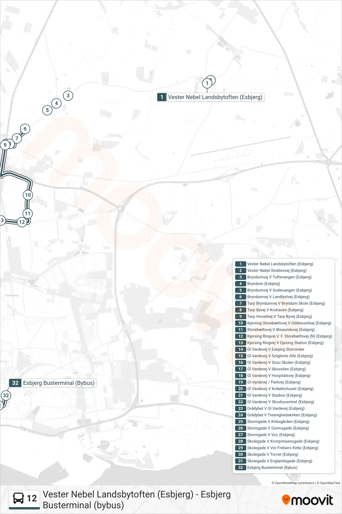 12 bus Linje (Esbjerg Busterminal (Bybus)) rute og stop på et kort