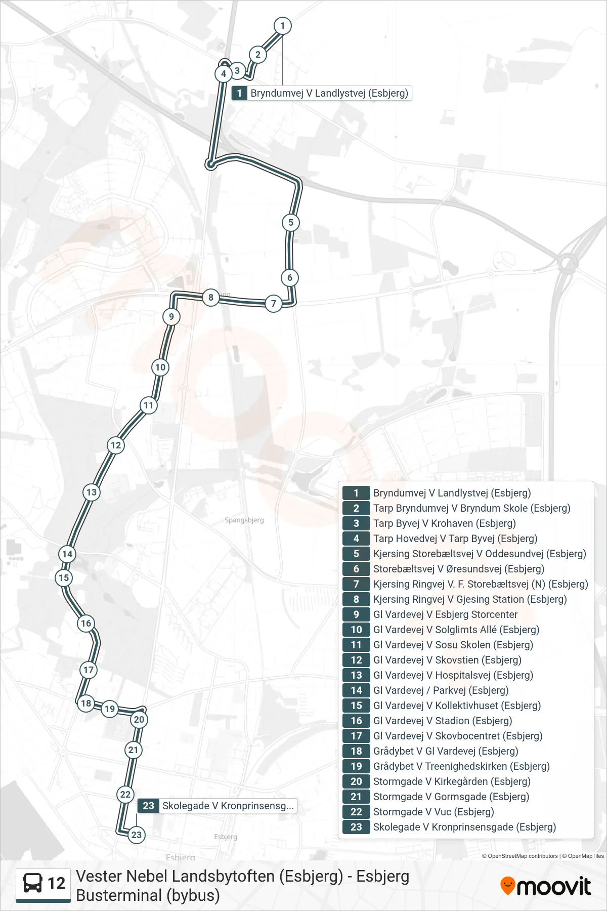 12 bus Linje (Skolegade V Kronprinsensgade (Esbjerg)) rute og stop på et kort