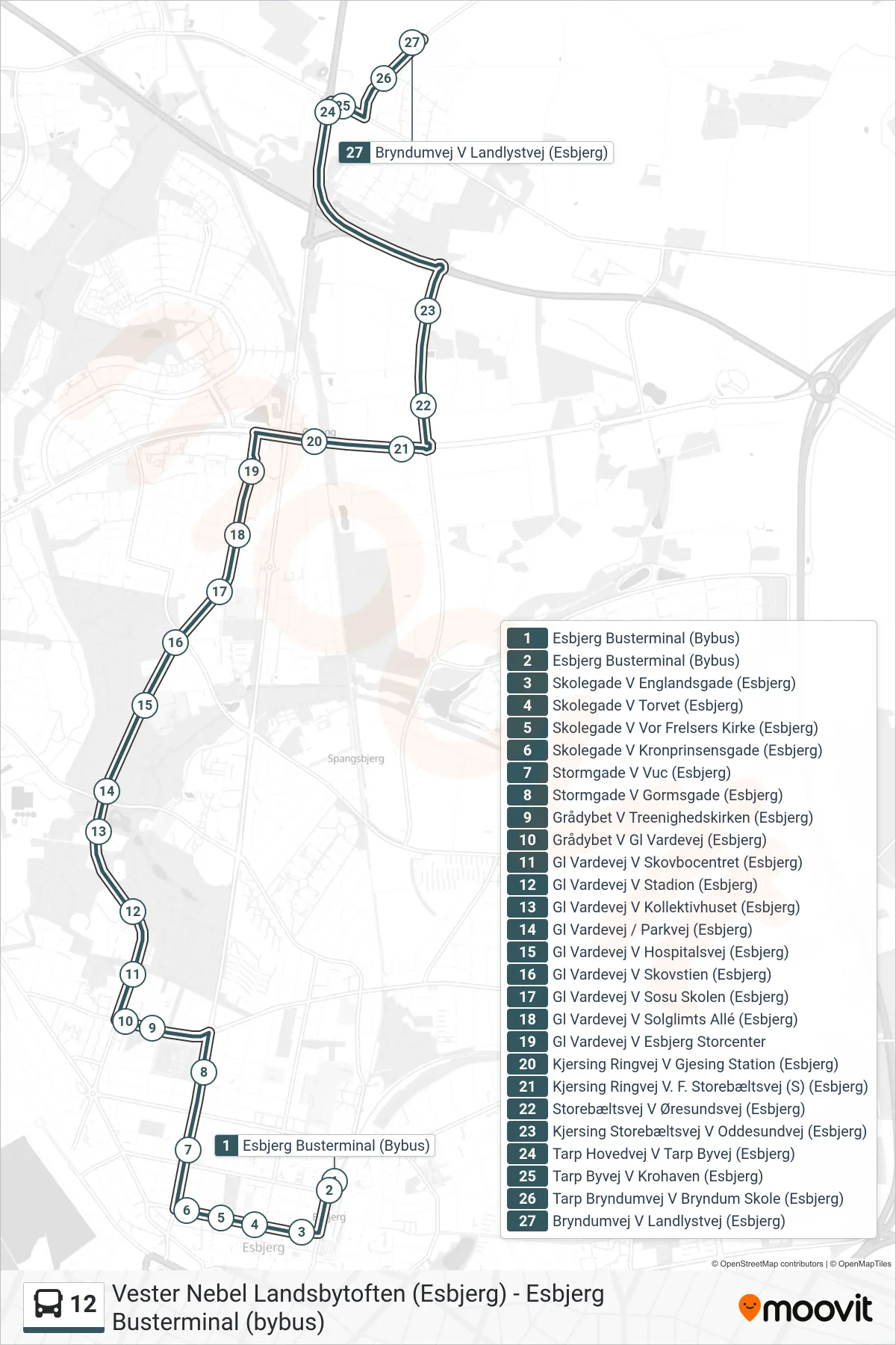 12 bus Linje (Bryndumvej V Landlystvej (Esbjerg)) rute og stop på et kort