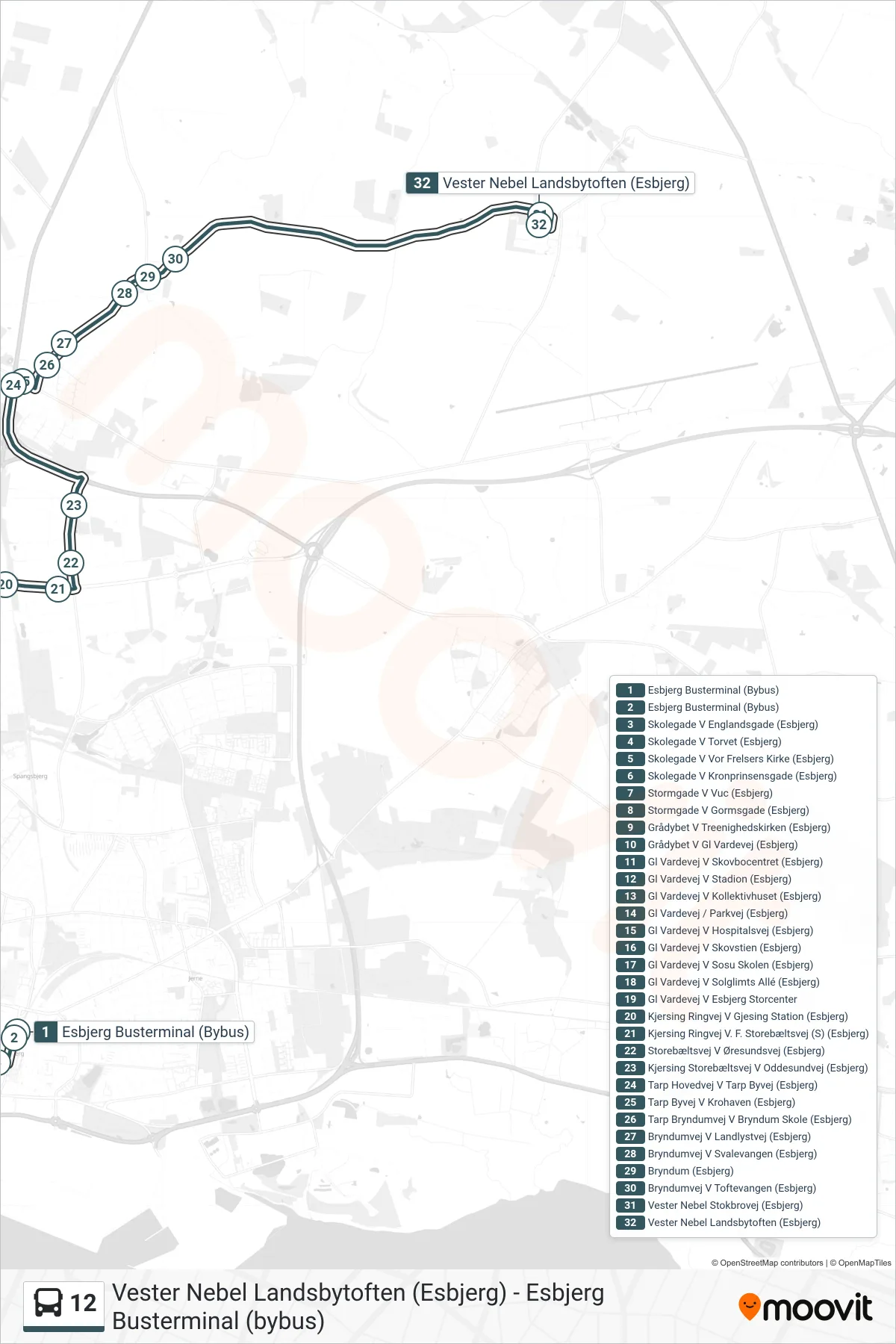 12 bus Linje (Vester Nebel Landsbytoften (Esbjerg)) rute og stop på et kort