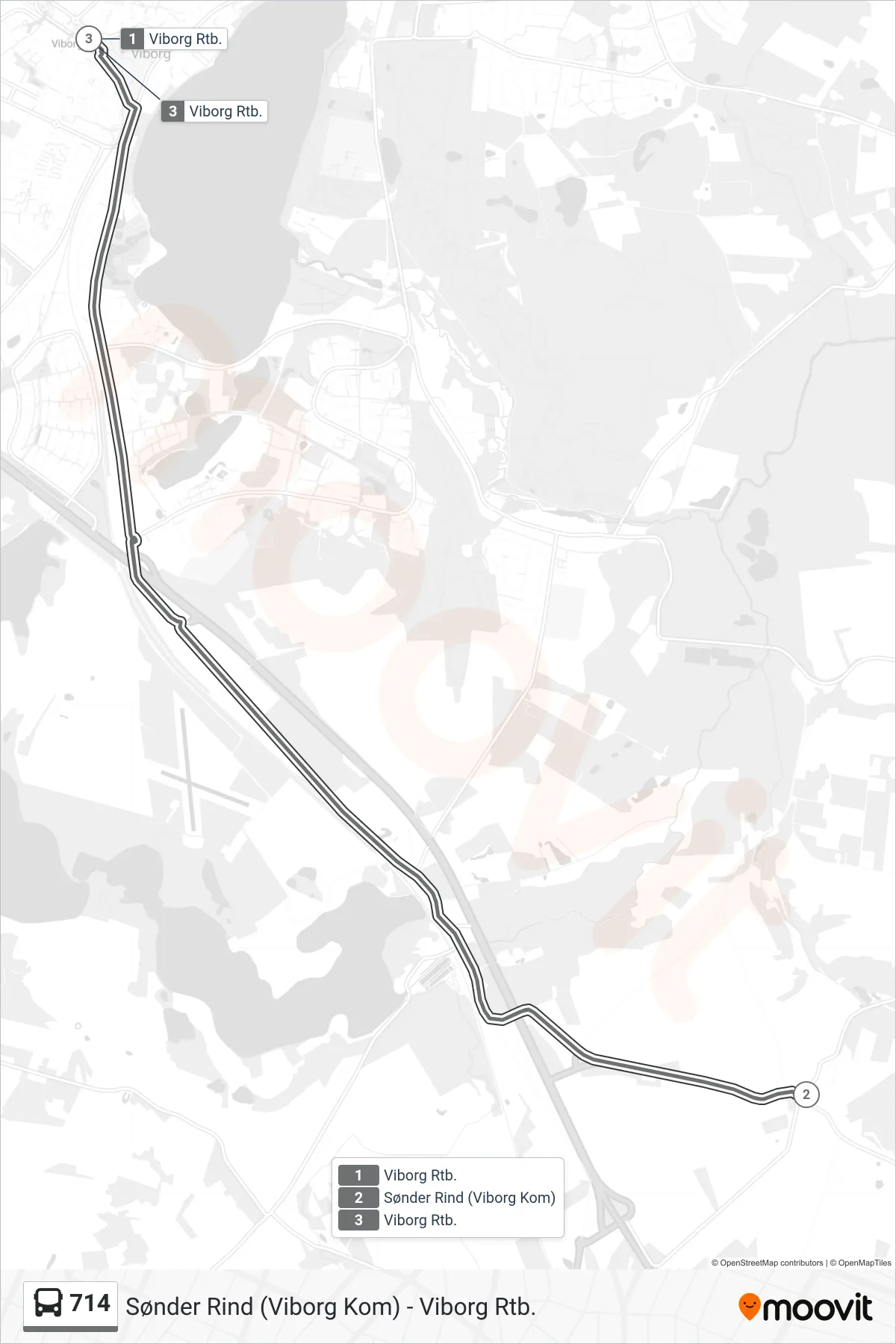 714 bus Linje (Viborg Rtb.) rute og stop på et kort