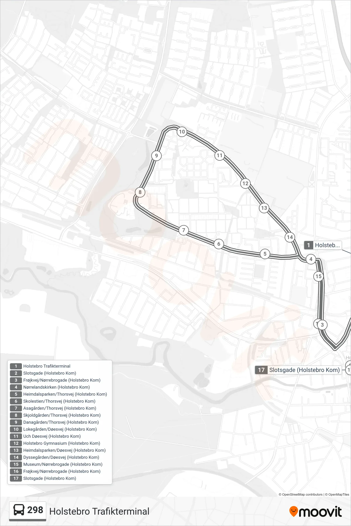 298 bus Linje (Holstebro Trafikterminal) rute og stop på et kort