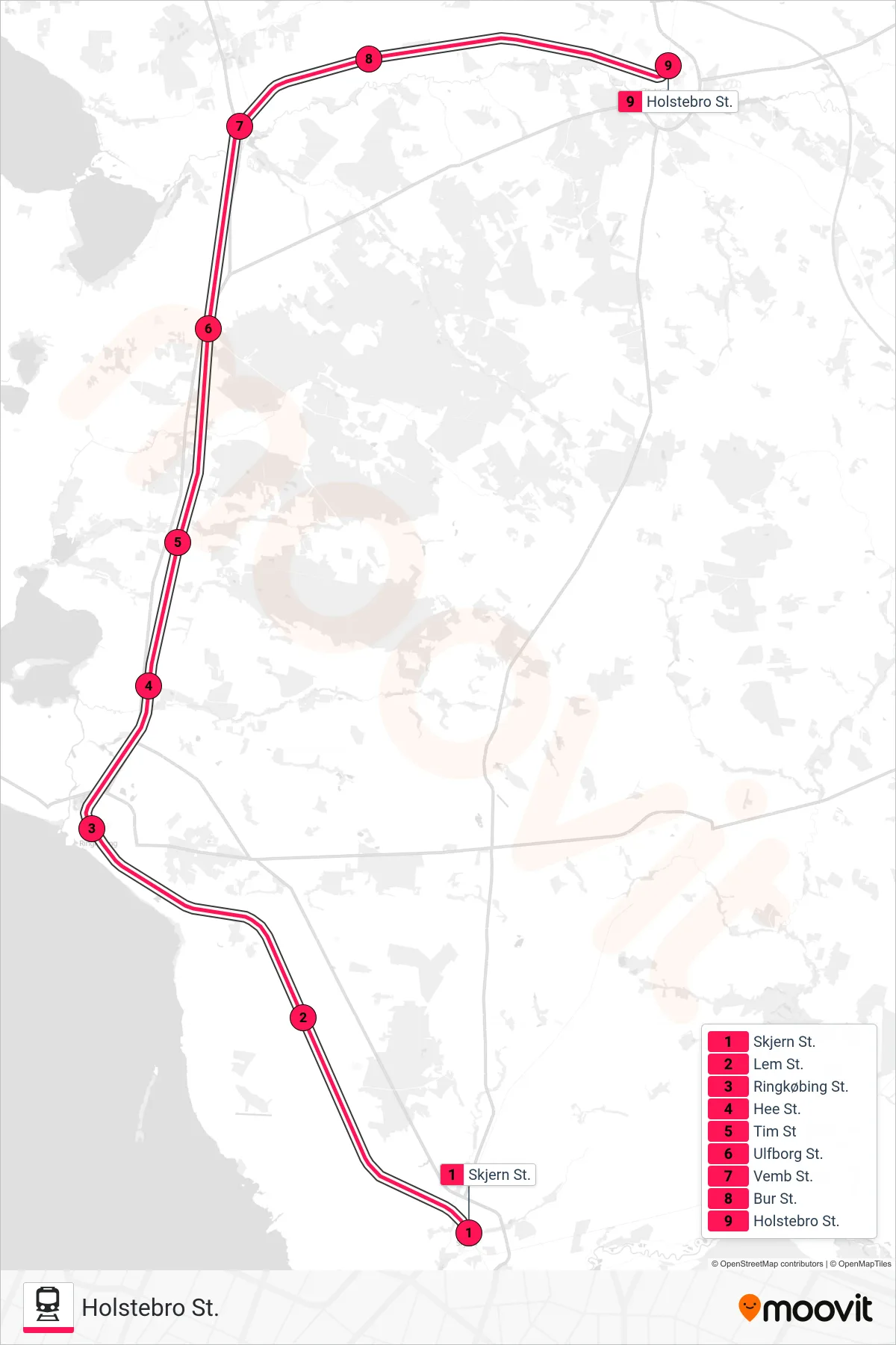 92 jernbane Linje (Holstebro St.) rute og stop på et kort